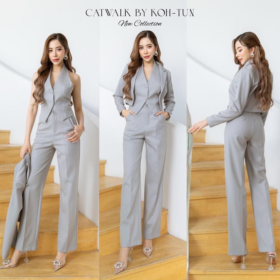 เซตBLAZER 3 ชิ้น ตัวBLAZER เป็นทรงครอปทรงเข้ารูป ด้านในมีซับ +เสื้อvestคล้องคอ+กางเกงเป็นทรงขากระบอก เนื้อผ้ามีเทคเจอร์เป็นลายริ้วในตัว ใส่สบาย สินค้าคุณภาพ (พร้อมส่ง)