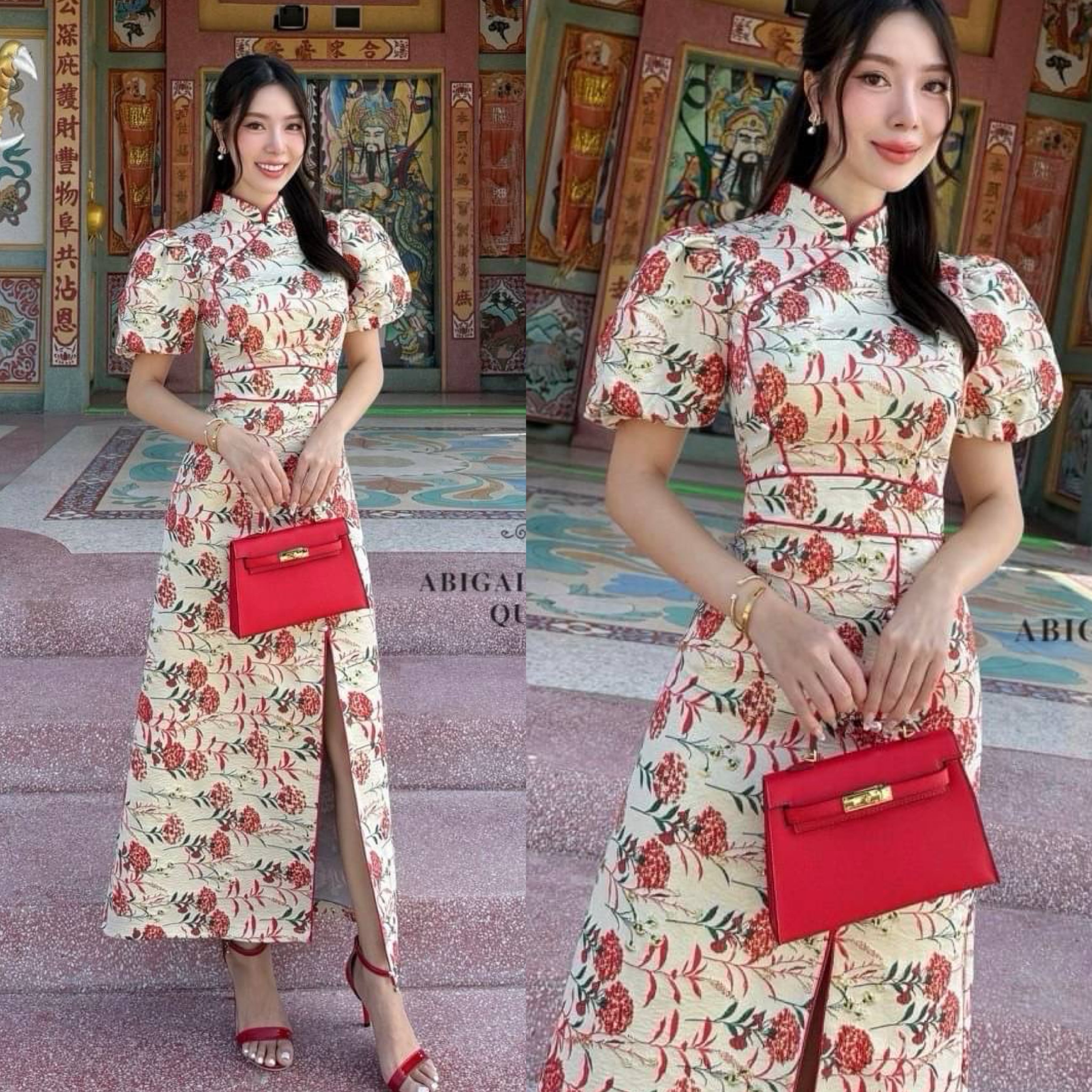 กี่เพ้าแขนตุ๊กตา คอกุ๊น ผ้าtexture ลายดอกทั้งชุด รุ่นนี้แพทเทริน เป๊ะมาก เรียบหรู ใส่รับอั่งกันจ้า สวยๆ เฮงๆรับตรุษจีนนี้ ใส่สบาย : สินค้าคุณภาพ (พร้อมส่ง)