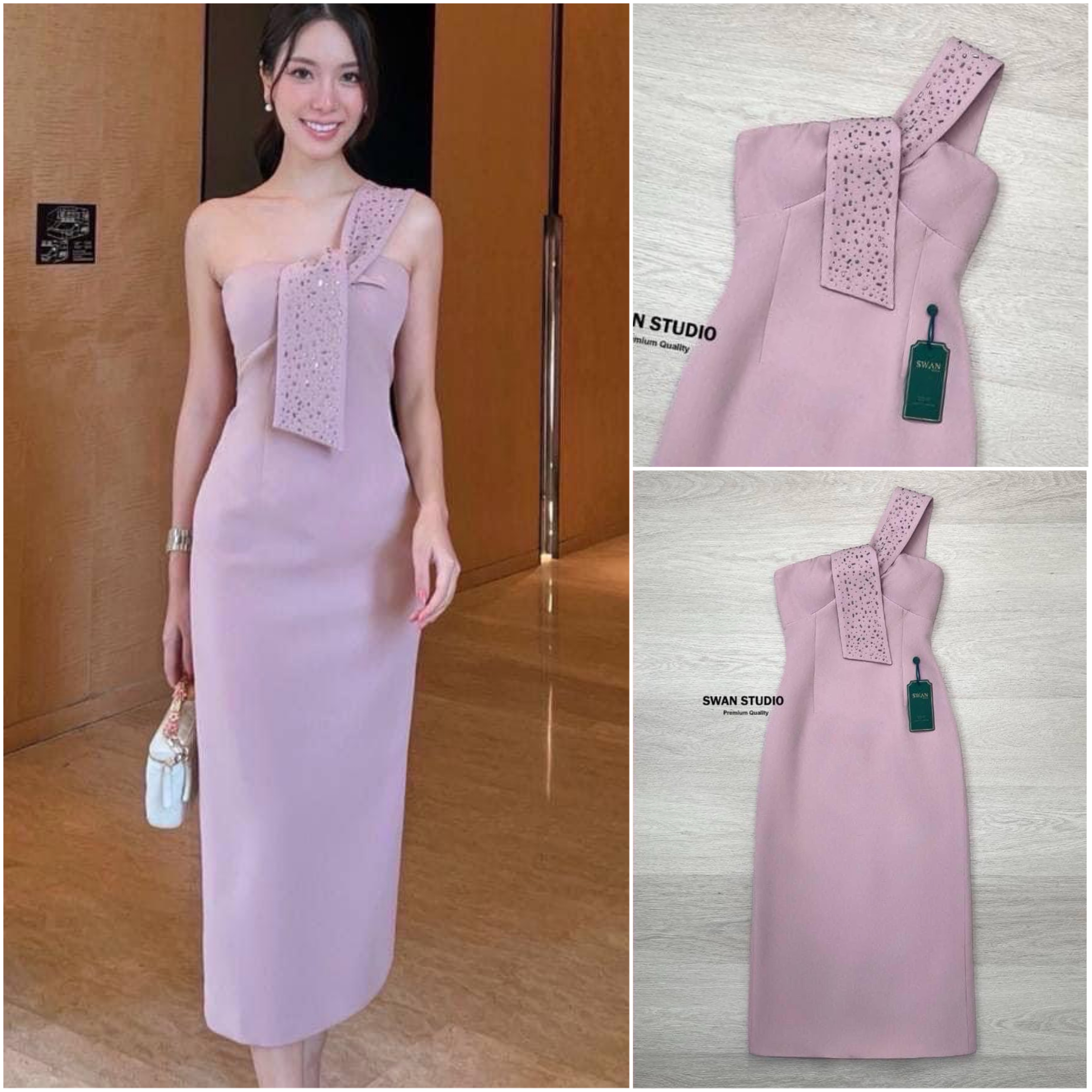 เดรสชมพูยาว สายปาดข้างเดียว ตรงอกทีรูสำหรับร้อยสาย ตรงสายแต่งประดับด้วยเพชร ด้านหลังผ่าให้เดินง่าย ใส่สบาย : สินค้าคุณภาพ (พร้อมส่ง)