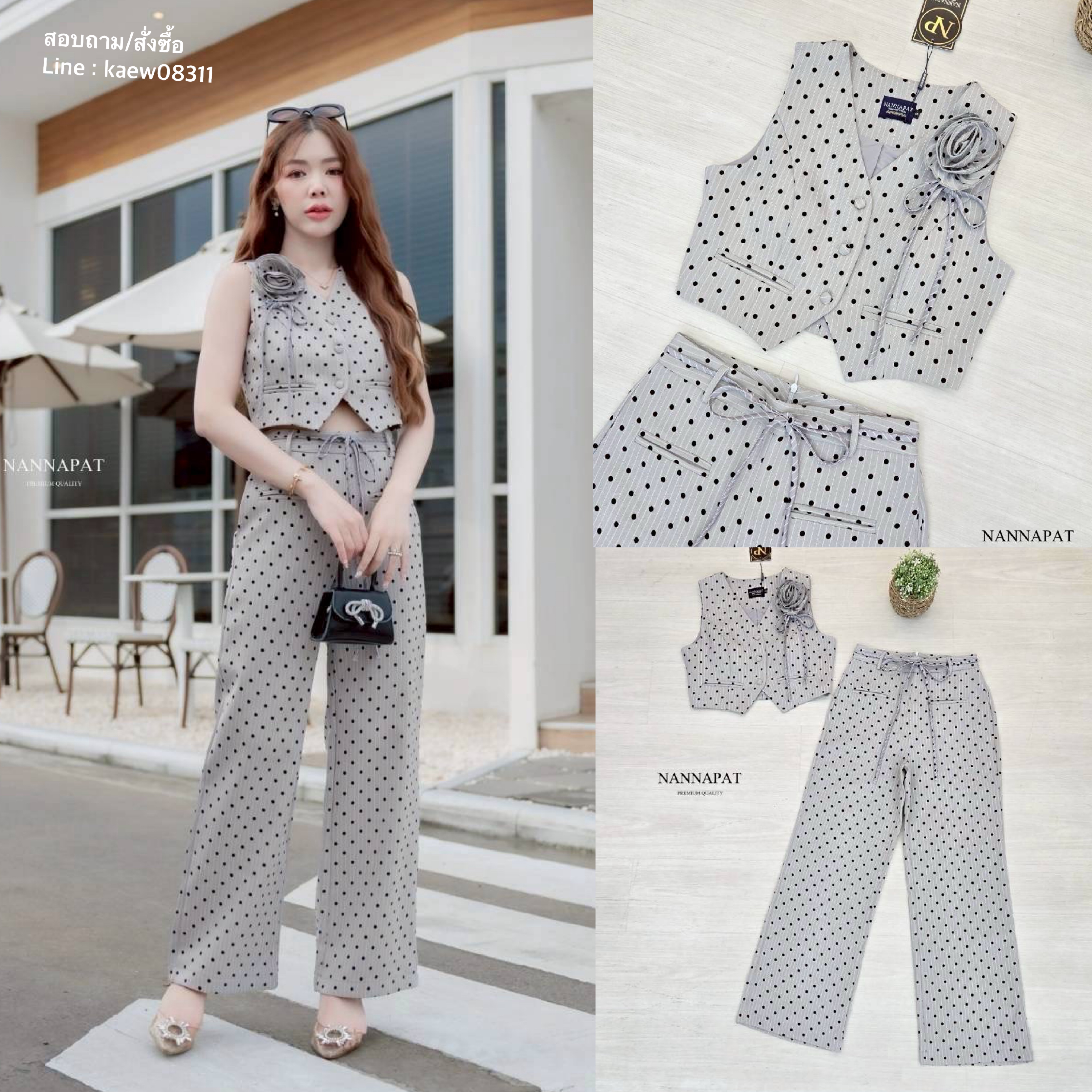 Set เสื้อทรงเก๋ ดอกไม้สามารถถอดได้นะค กางเกงก็ทรงสวยสับมาก พร้อมเชือกผูกเอวเกร๋ๆ ใส่สบาย : สินค้าคุณภาพ (พร้อมส่ง)