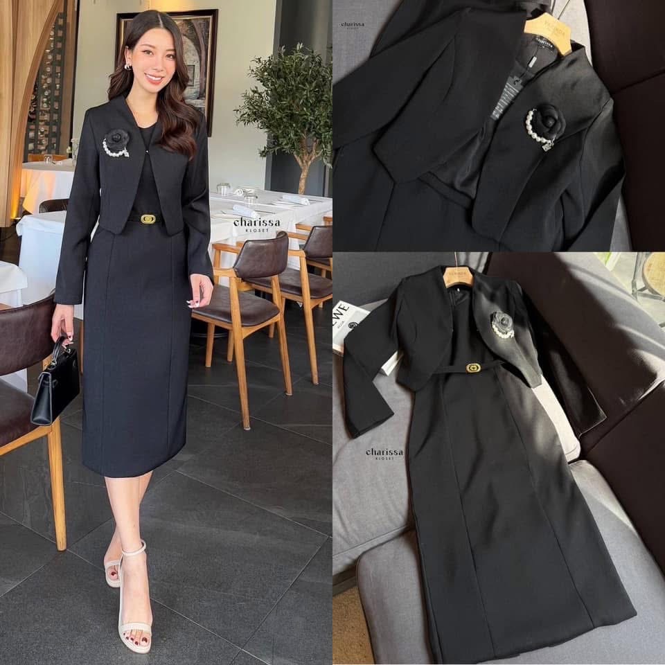 Set 4 ชิ้น เดรส เสื้อคลุม เข็มกลัด และเข็มขัด เดรสทรงสอบมาพร้อมเสื้อครอป เข็มขัด แถมฟรีเข็มกลัดดอกไม้ ใส่สบาย : สินค้าคุณภาพ (พร้อมส่ง)