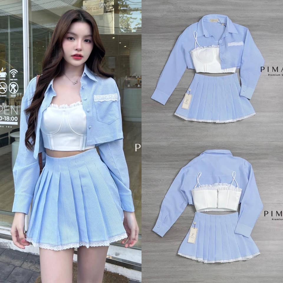 SET3ชิ้น เสื้อเชิ้ตแขนยาว +เสื้อสายเดี่ยวสีขาว +กระโปรงชายต่อลูกไม้แมทกันสวยปังทั้งเซ็ท ซับในเป็นกางเกงน้า ซิปข้าง สินค้าคุณภาพ (พร้อมส่ง)