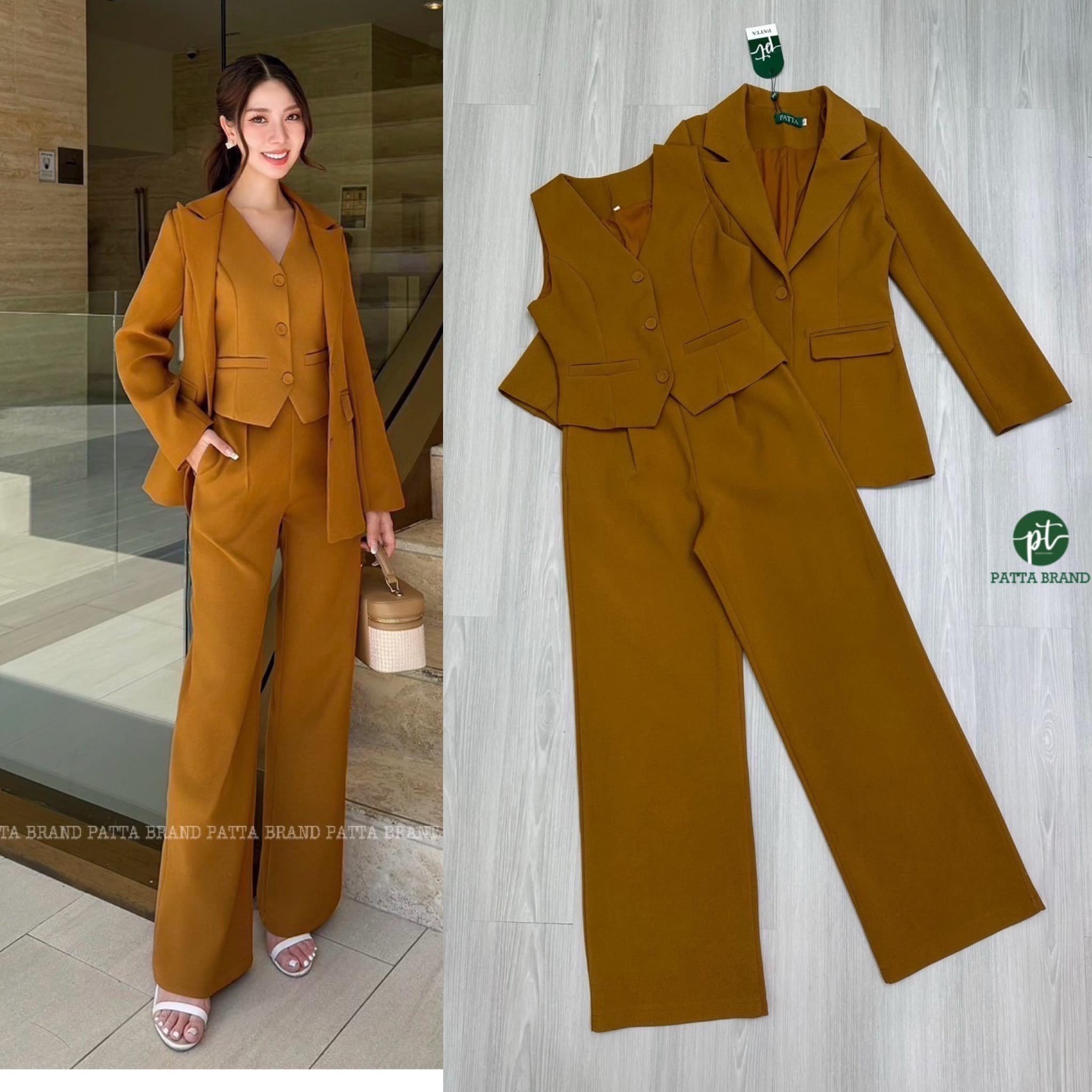 Set3ชิ้น สีน้ำตาลทองเสื้อคลุมสูทแขนยาวมีกระดุมหน้าและมีกระเป๋าใช้งานได้จริง มาพร้อมเสื้อแขนกุดตัวในมีกระดุมเรียงยาว ใส่แม๊ทช์คู่กันลงตัวมากๆ และมาคู่กางเกงขายาวทรงกระบอก ทรงบอยสวย มีซิปหลัง ใส่สบาย : สินค้าคุณภาพ (พร้อมส่ง)
