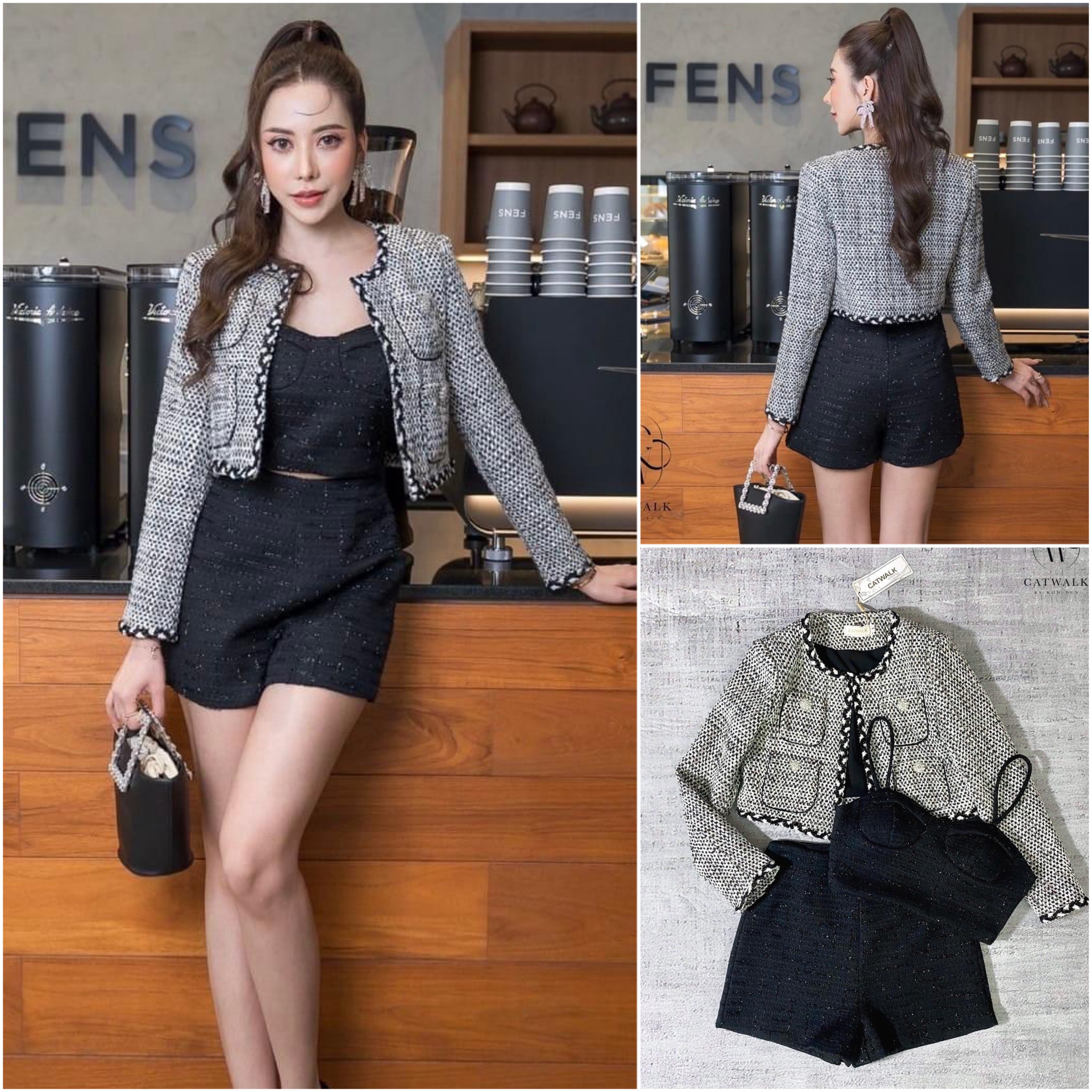 เซตเสื้อคลุมผ้าทวิต+เสื้อสายเดี่ยว+กางเกงขาสั้น เนื้อผ้าเกรดเอ ผ้าทอลายสวย ใส่สบาย : สินค้าคุณภาพ (พร้อมส่ง)