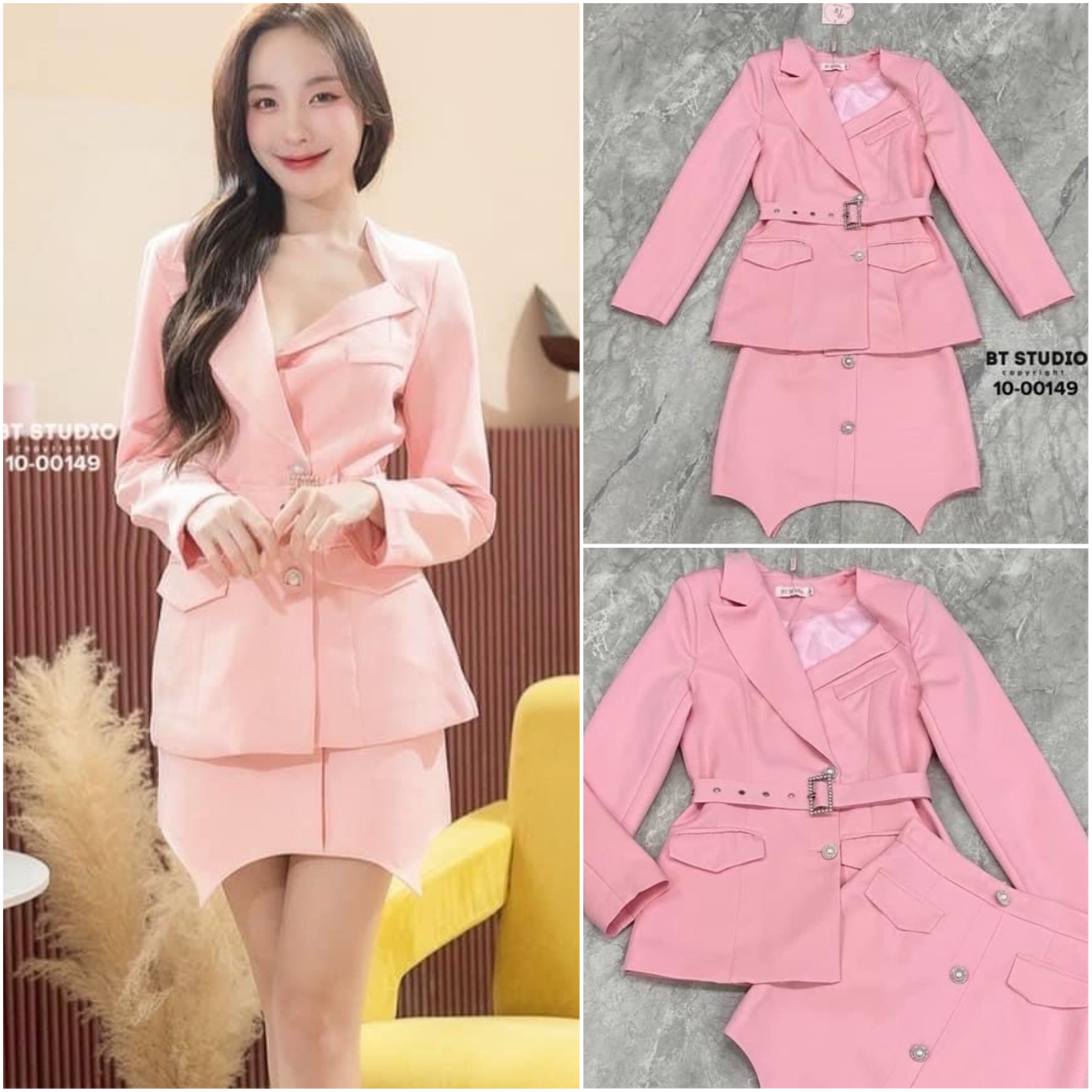 เซท 3 ชิ้น เสื้อเบเซอร์แขนยาวกระดุมหน้า +กระโปรงสั้นกระดุมหน้า แต่งเว้าปล่อยชายหน้าหลังเล็กน้อย ซิปหลัง มีชับใน +เข็มขัดผ้าหัวสีเงิน ใส่สบาย สินค้าคุณภาพ (พร้อมส่ง)