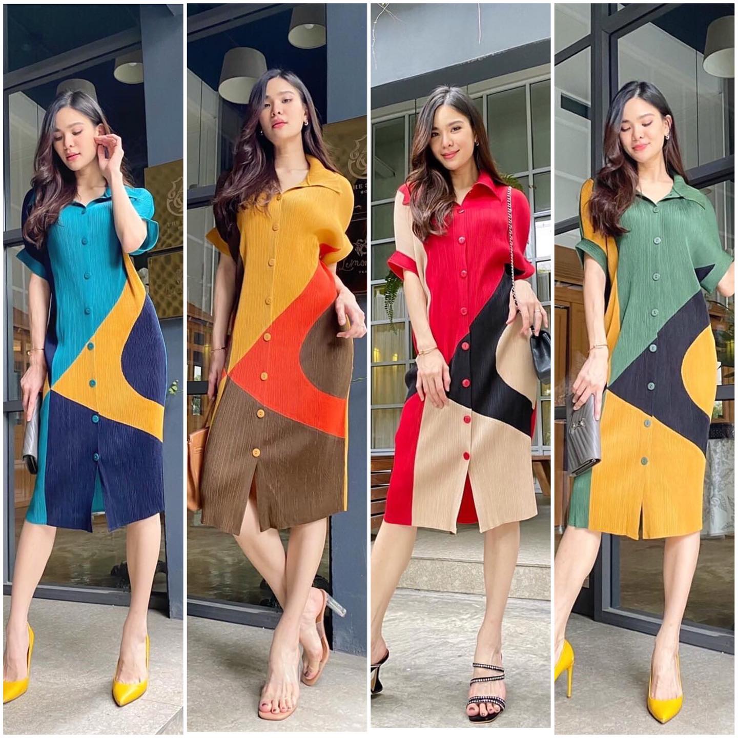 เดรสพลีทตัวยาวคอปกใหญ่ อัดพลีท 100% เนื้อเดียวกับงาน Brand งาน เกาหลีแท้ 🇰🇷 สวย High Quality สินค้าคุณภาพ (พร้อมส่ง)