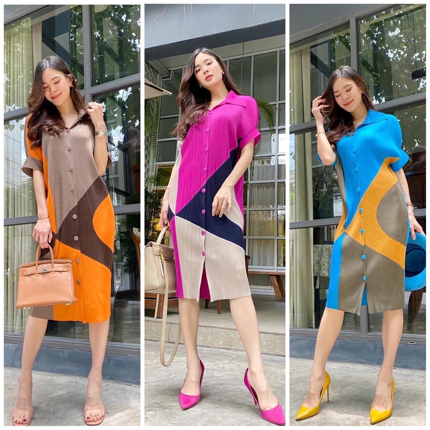 เดรสพลีทตัวยาวคอปกใหญ่ อัดพลีท 100% เนื้อเดียวกับงาน Brand งาน เกาหลีแท้ 🇰🇷 สวย High Quality สินค้าคุณภาพ (พร้อมส่ง)