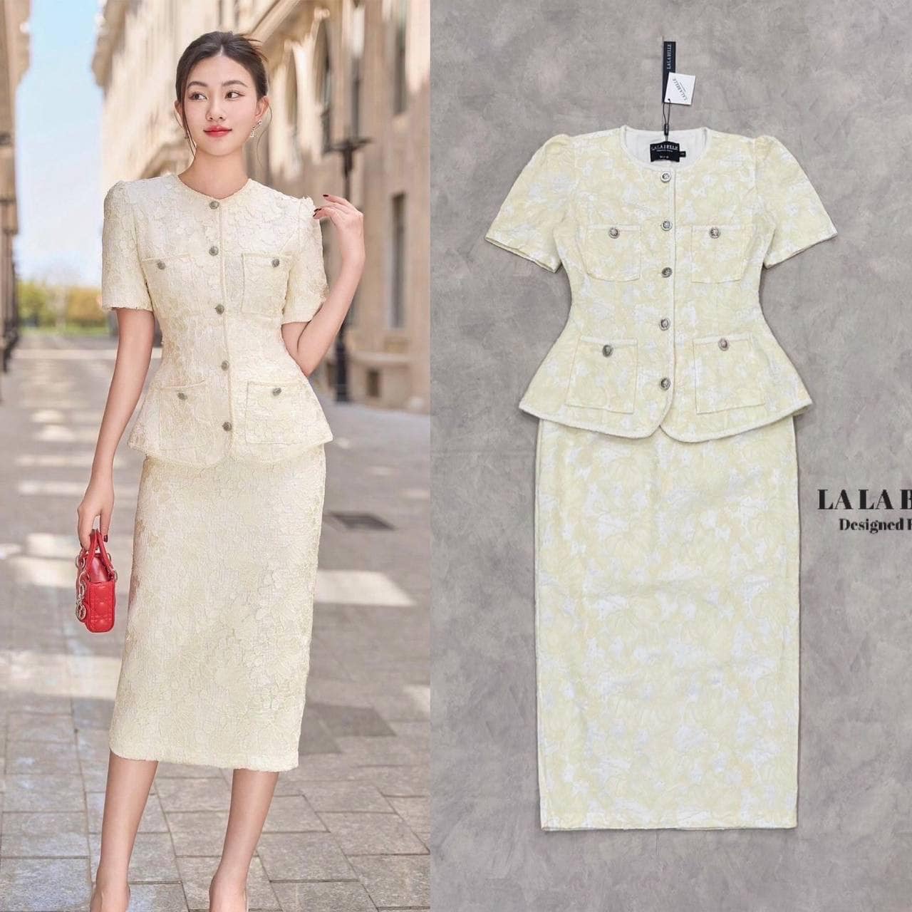 เซต2ชิ้น ลูกไม้ลายดอกไม้สีครีมอัดกาว อย่างดีทรงเสื้อคอกรมแขนสั้นกระดุมหน้ายาวแต่ง กระเป๋าหน้าอก +กระโปรงทรงสอบ ใส่สบาย : สินค้าคุณภาพ (พร้อมส่ง)