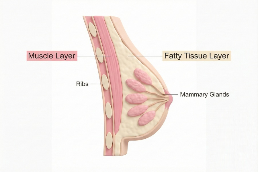 ภาพจำลองโครงสร้างเต้านม ไขมันและกล้ามเนื้อ