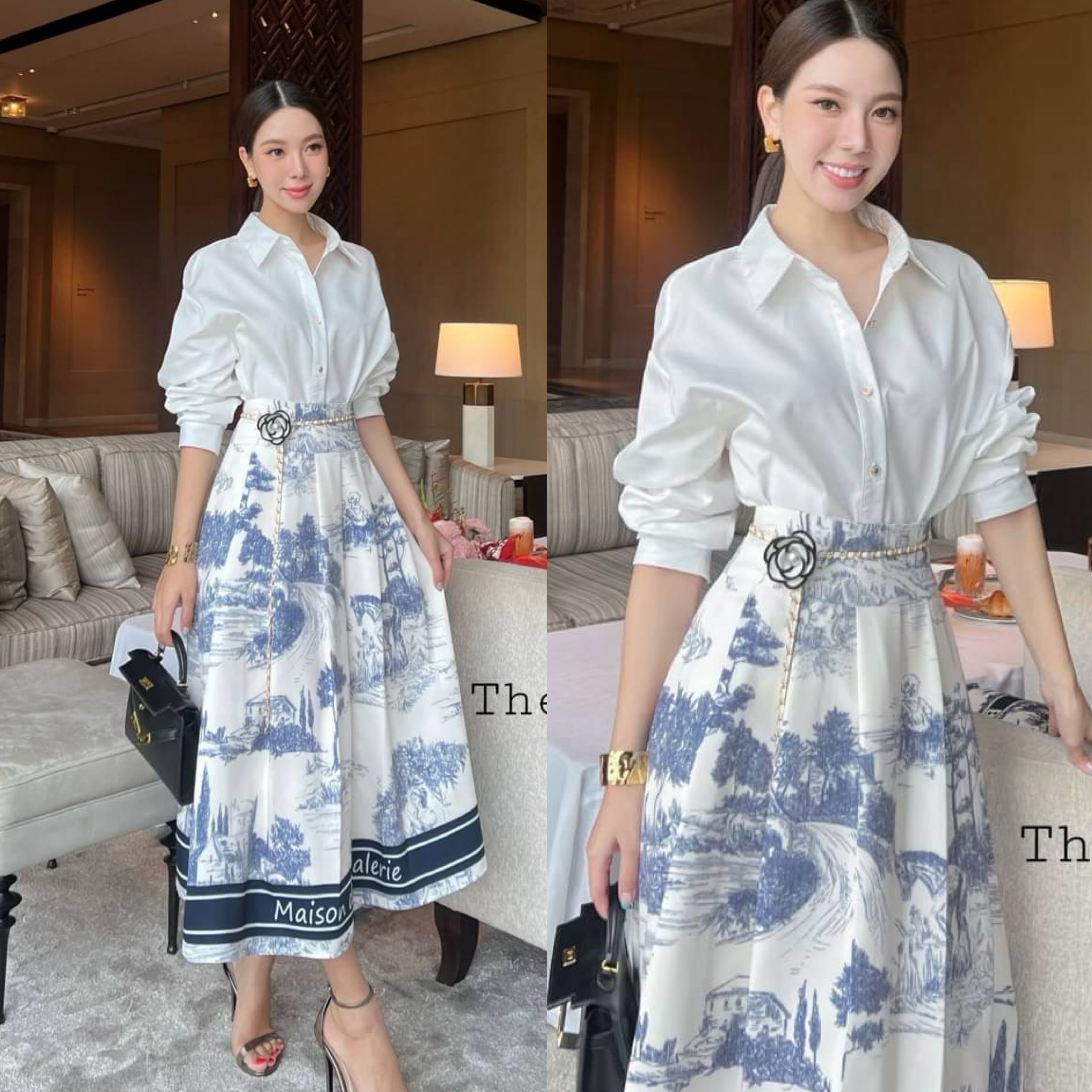 set3ชิ้น พร้อม เข็มขัดโซ่ดอกไม้ เสื้อเซิ้ตและกระโปรง ยาวพิมส์ลายเนื้อผ้าพรีเมี่ยมสุดๆ สวยครบ จบในชุดเดียว ใส่สบาย : สินค้าคุณภาพ (พร้อมส่ง)