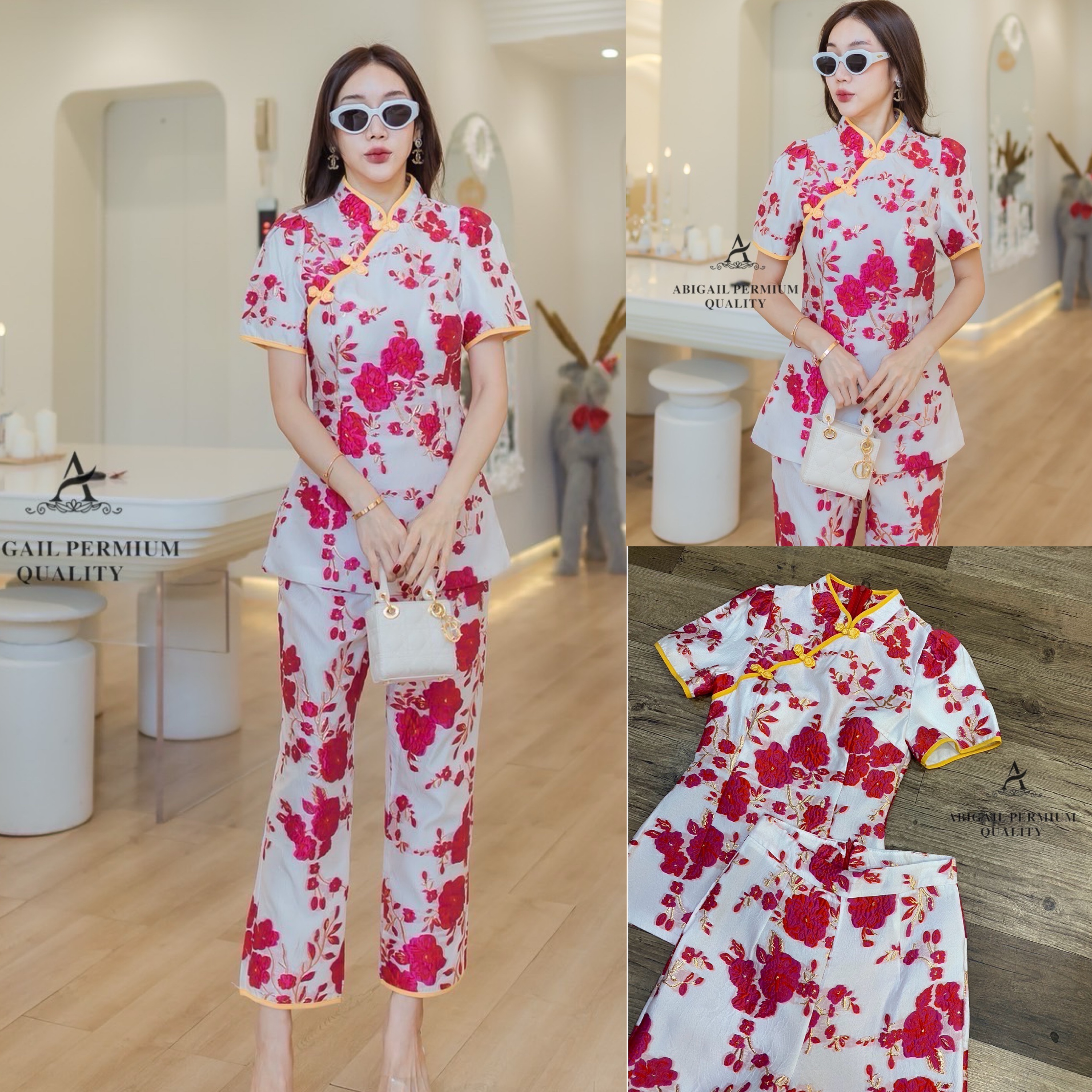 เซต 2 ชิ้น เสื้อแขนสั้นคอจีนผ่าหน้า แมทกับ กางเกงเอวสูงขายาว เนื้อผ้าทอลายดอกตัดทอง มีซับในพร้อมอัดกาวทั้งชุด สินค้าคุณภาพ (พร้อมส่ง)