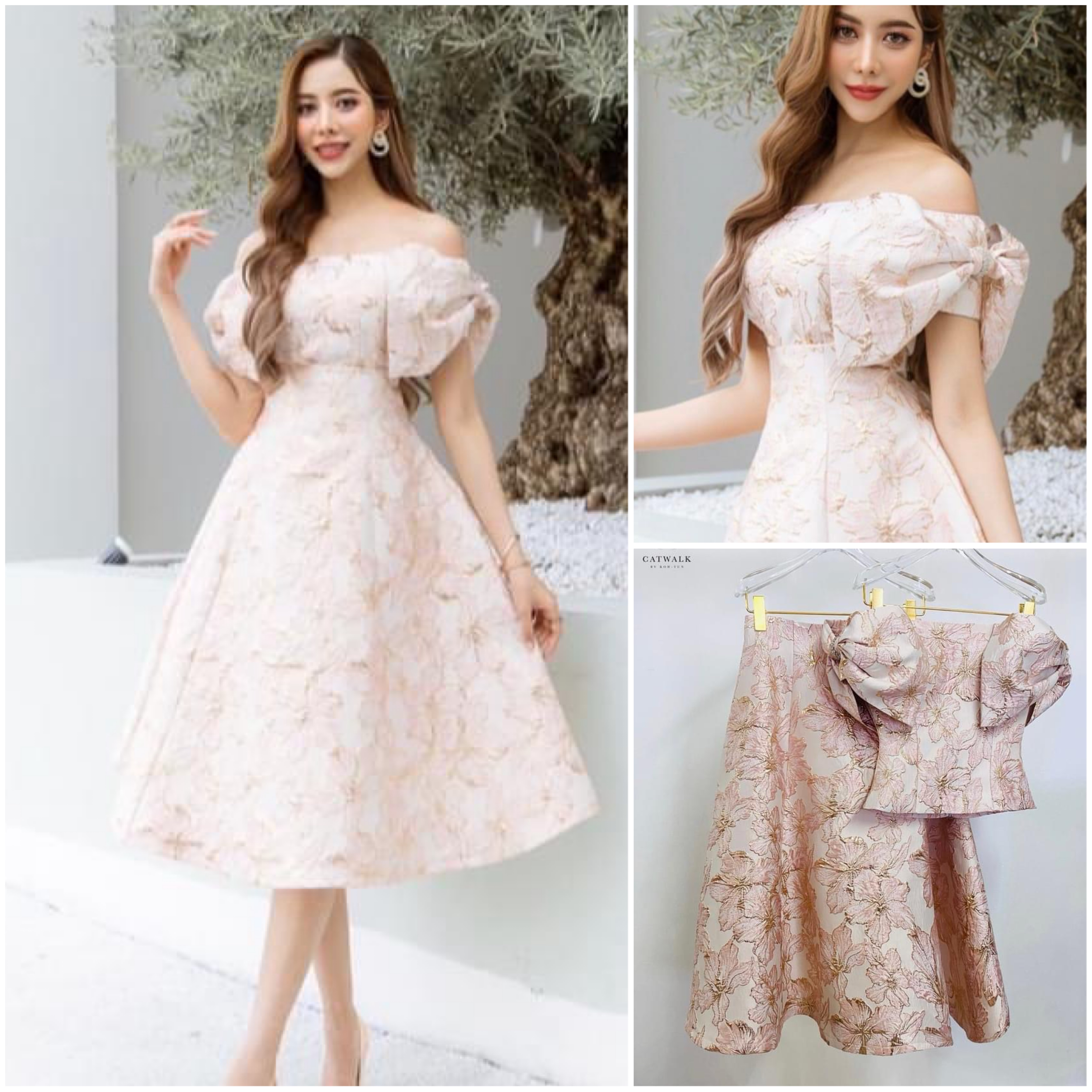 เซตผ้าทอ ลายเสื้อปาดไหล่โบว์ไหล่+กระโปรงทรงย้วย เนื้อผ้าเกรดเอ ผ้าสวยมาก ใส่สบาย สินค้าคุณภาพ (พร้อมส่ง)