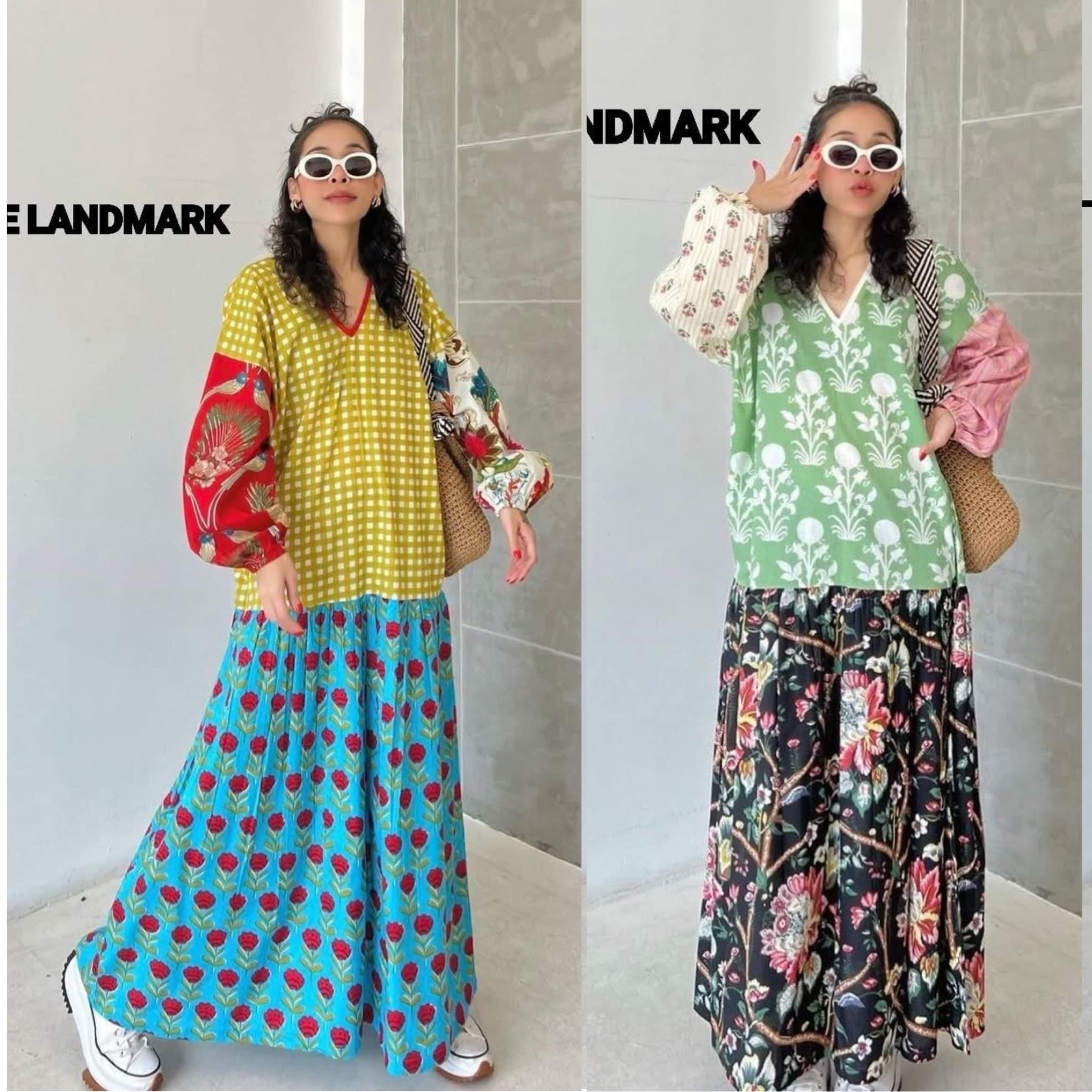 เดรสผ้าบล็อคคอทตอลอินเดีย ดีไซน์คอวีหน้า~หลัง กุ๊นคอ แขนยาวสม็อคปลายแขน ต่อลาย แพทเทิร์นทรงปล่อย ใส่สบาย ใส่สบาย : สินค้าคุณภาพ (พร้อมส่ง)