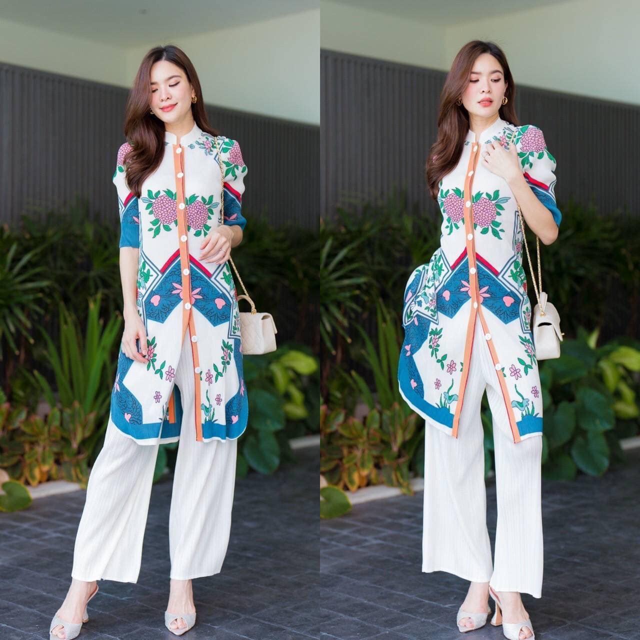 ชุดเซตผ้าอัดพลีท AA Premium เสื้อแขน 3 ส่วน คอจีนตัวยาว แต่งกระดุมเรียงยาว สีเดียวกับชุด แพทเทิร์น วาดลาดลาย สีสัน สวย สดใส สินค้าคุณภาพ (พร้อมส่ง)