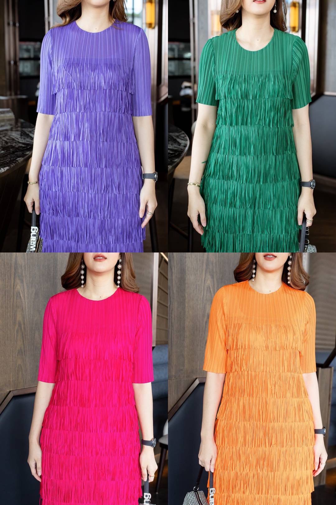 เดรสผ้าอัดพลีท Premium งานแต่งดีเทลด้วยพู่เป็นชั้นๆ ผ้ายืดหยุ่นได้ทั้งตัว ทรงชุดเข้ารูป ใส่สบาย : สินค้าคุณภาพ (พร้อมส่ง)