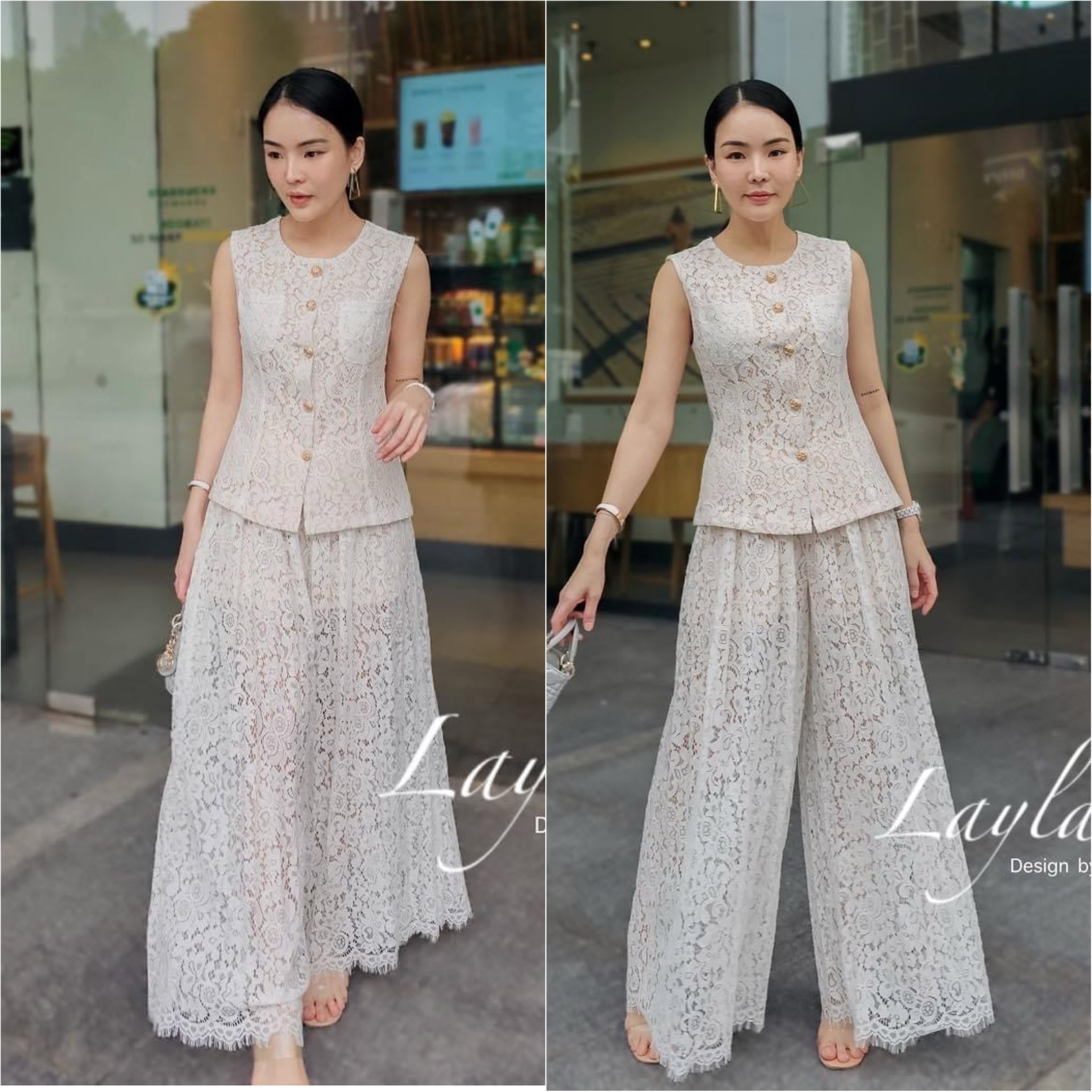 ชุดเซตผ้าลูกไม้ฝรั่งเศสลายสวยหรู เสื้อแขนกุดทรงเข้ารูปกระดุมทองดูแพง จับเซตกับกางเกงทรงสวยเอวสูงจับอัดพีทเบาๆ ซับเป็นขาสั้น ใส่สบาย : สินค้าคุณภาพ (พร้อมส่ง)