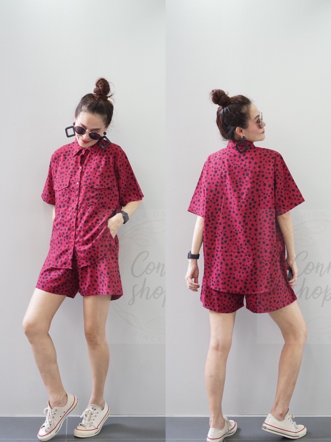 ชุดเซต 2 ชิ้น เสื้อเชิ้ตแขนสั้น แต่งกระเป๋าหน้า ผ้าไหมอิตาลี่ เนื้อนิ่ม พิมลาย มาคู่กับ กางขาสั้น เอวยางยืด งานเจาะกระเป๋า ข้าง ใส่สบาย : สินค้าคุณภาพ (พร้อมส่ง)