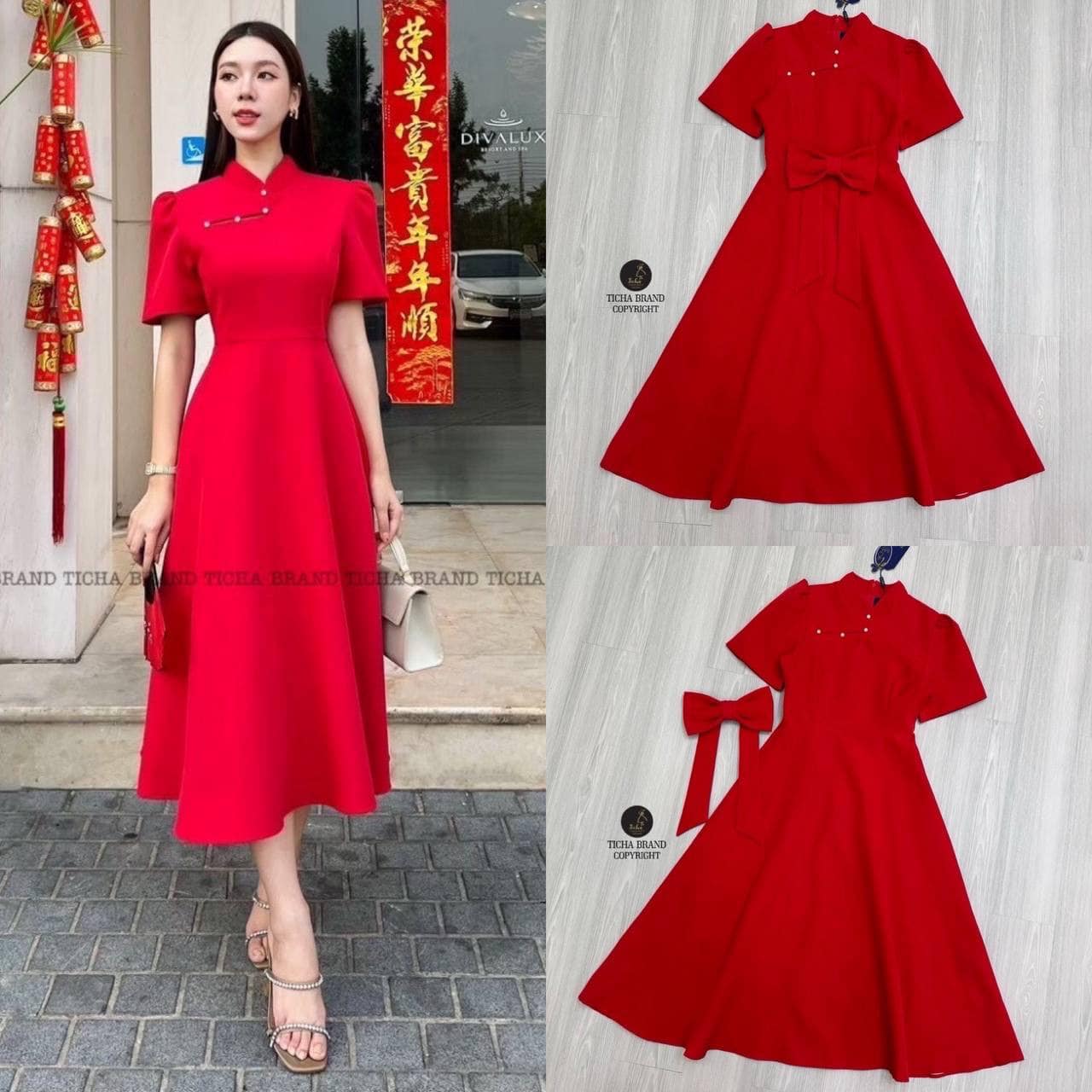 เดรสยาวแขนสั้นสีแดงดีไซน์คอจีนโค้งเว้ากี่เพ้า เย็บติดมุก มีเข็มกลัดโบว์ใหญ่ใ ใส่สบาย : สินค้าคุณภาพ (พร้อมส่ง)