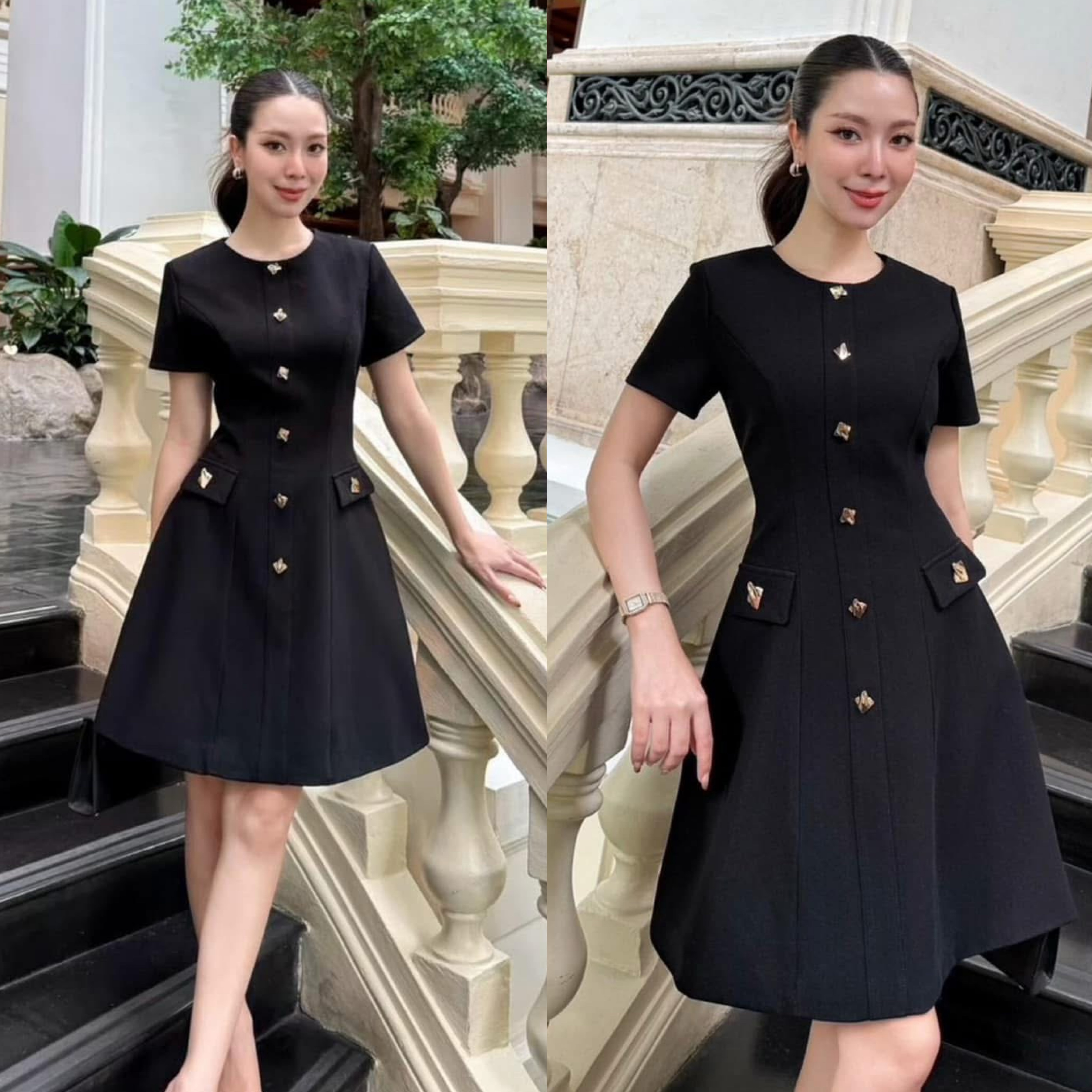 มินิเดรสแต่งกระดุมสีทองดีไซน์สวยคลาสสิคเนื้อผ้าพรีเมียมทั้งชุด ใส่สบาย : สินค้าคุณภาพ (พร้อมส่ง)