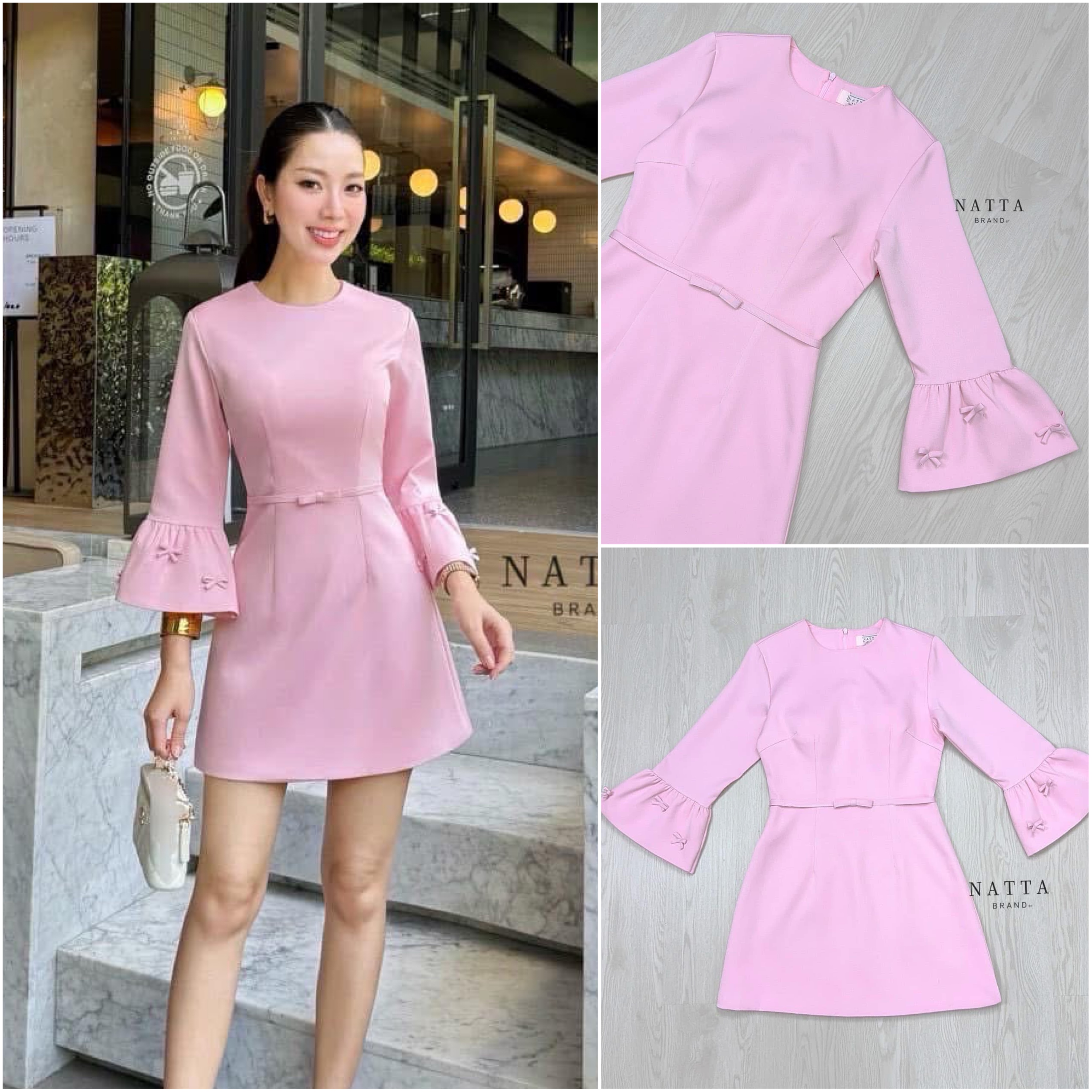 มินิเดรสสีชมพูแขน 3 ส่วน แต่งดีเทลปลายแขนบานนิดหน่อยเพิ่มโบว์เล็กมีความน่ารักมากขึ้น ใส่สบาย : สินค้าคุณภาพ (พร้อมส่ง)