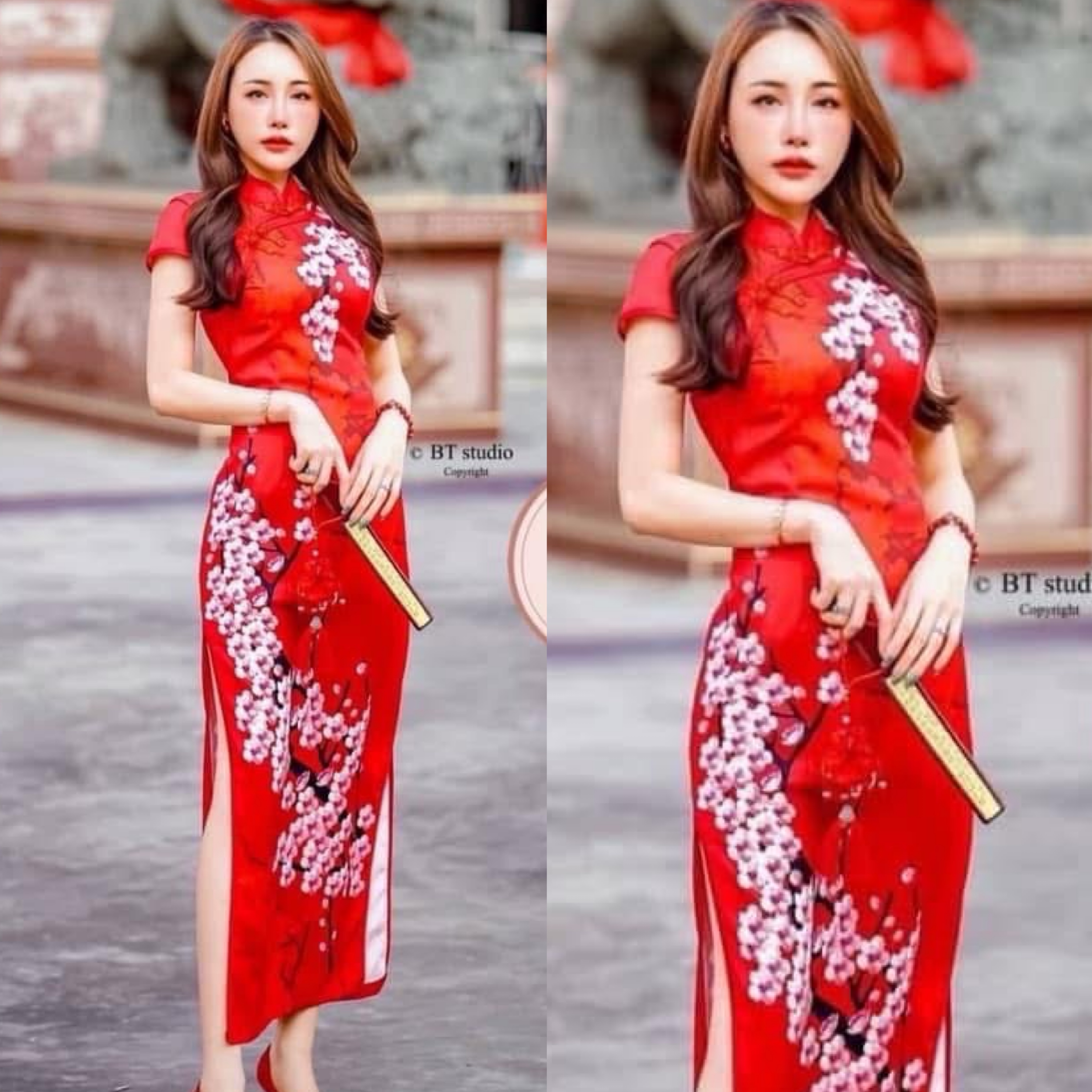 เดรสกี่เพ้า แต่งคอจีน พื้นสีพิมพ์ลายสวยม๊าก ห้ามพลาดเลยคร้าา limited ม๊ากคร้า ใส่สบาย : สินค้าคุณภาพ (พร้อมส่ง)