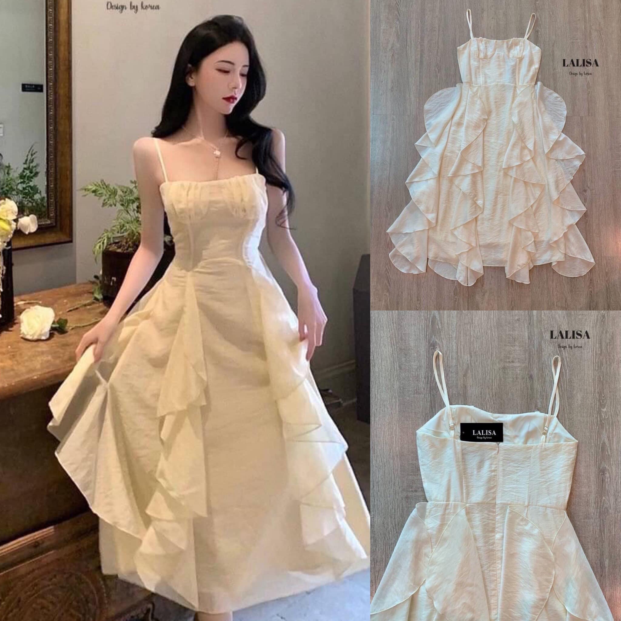 เดรสสายเดี่ยว ช่วงเอวเข้ารูป ช่วงกระโปรงแต่งระบายหางปลาสวย เวอร์วังอลังการมากค้ามีซับในอย่างดี สินค้าคุณภาพ (พร้อมส่ง)