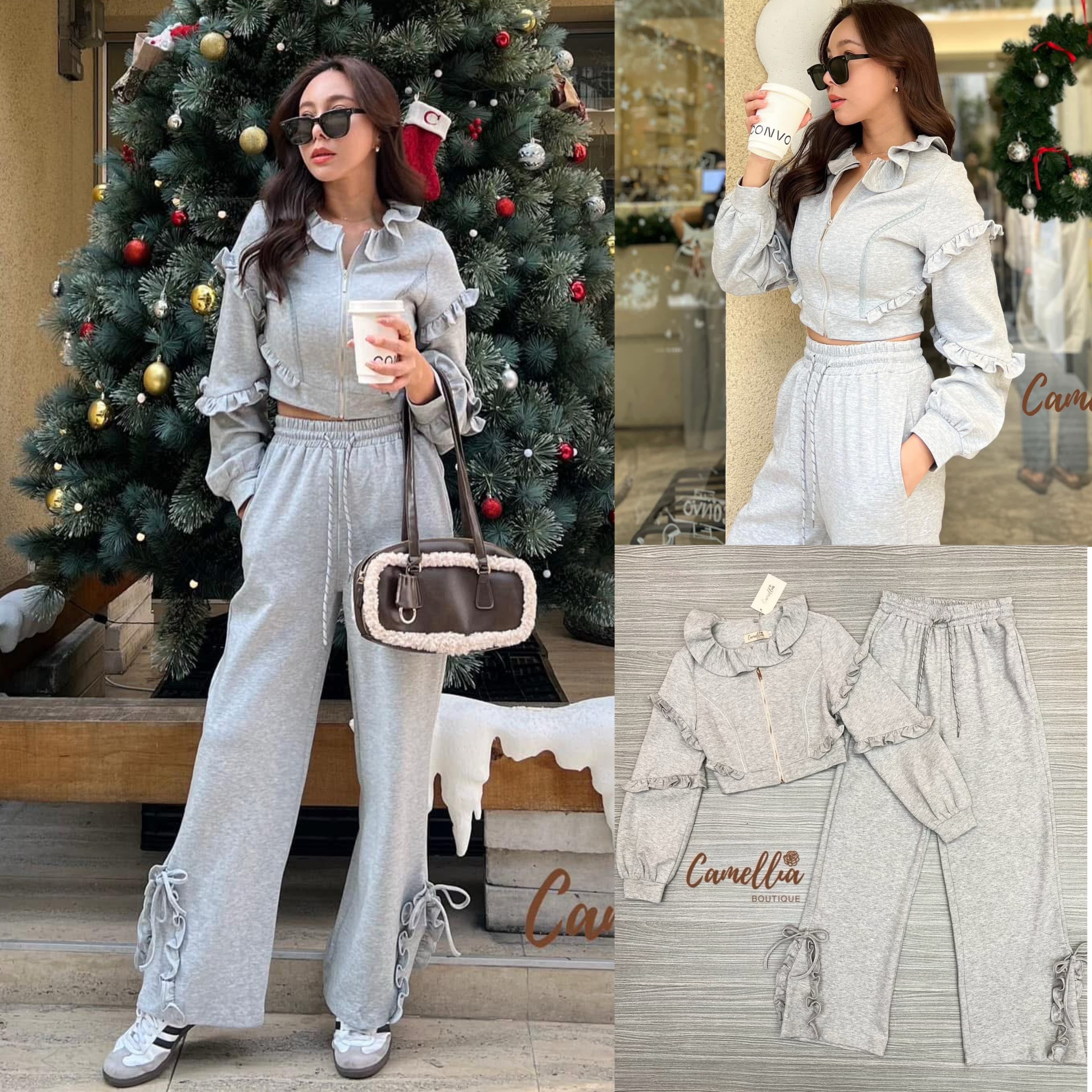 ชุดวอมผ้ายืดเนื้อนิ่ม เสื้อคอระบายๆ แขนยาว แต่งระบาย มาพร้อมกางเกงขายาวปลายขา ผูกโบ ใส่สบาย : สินค้าคุณภาพ (พร้อมส่ง)