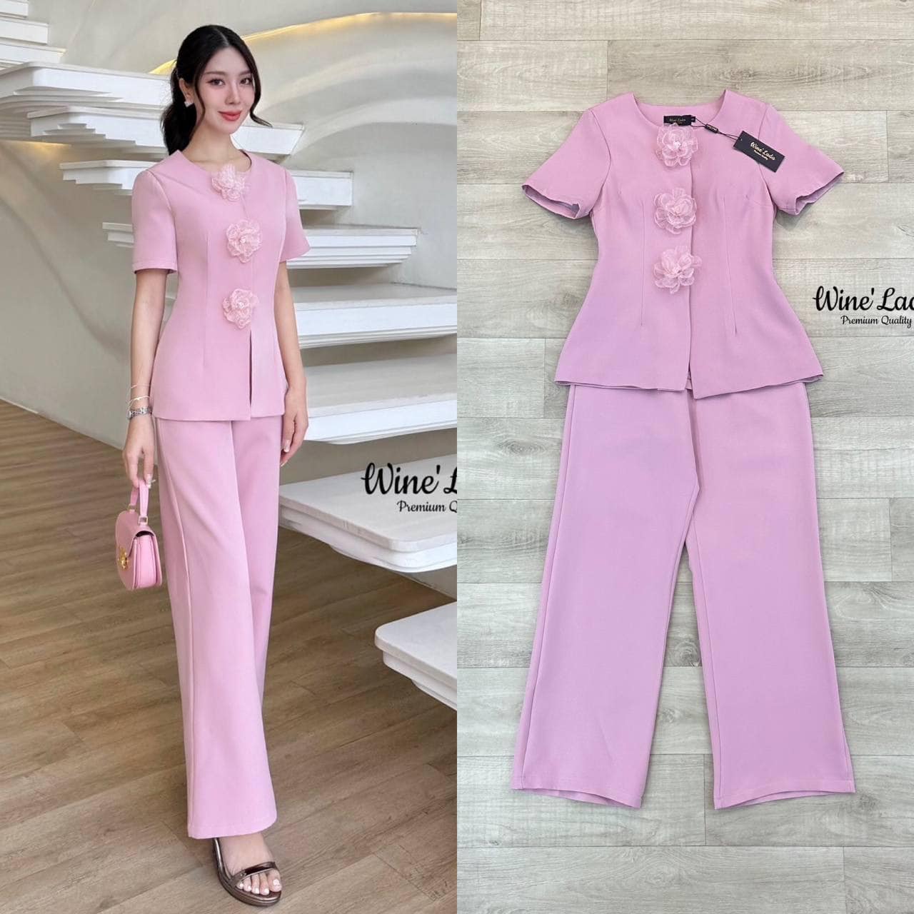 Set 2 Pcs.เซ็ทเสื้อแขนสั้น มีเข็มกลัดดอกไม้สีเข้าเซ็ท เพิ่มความลัคซู มาพร้อมกางเกงขายาว ใส่สบาย : สินค้าคุณภาพ (พร้อมส่ง)