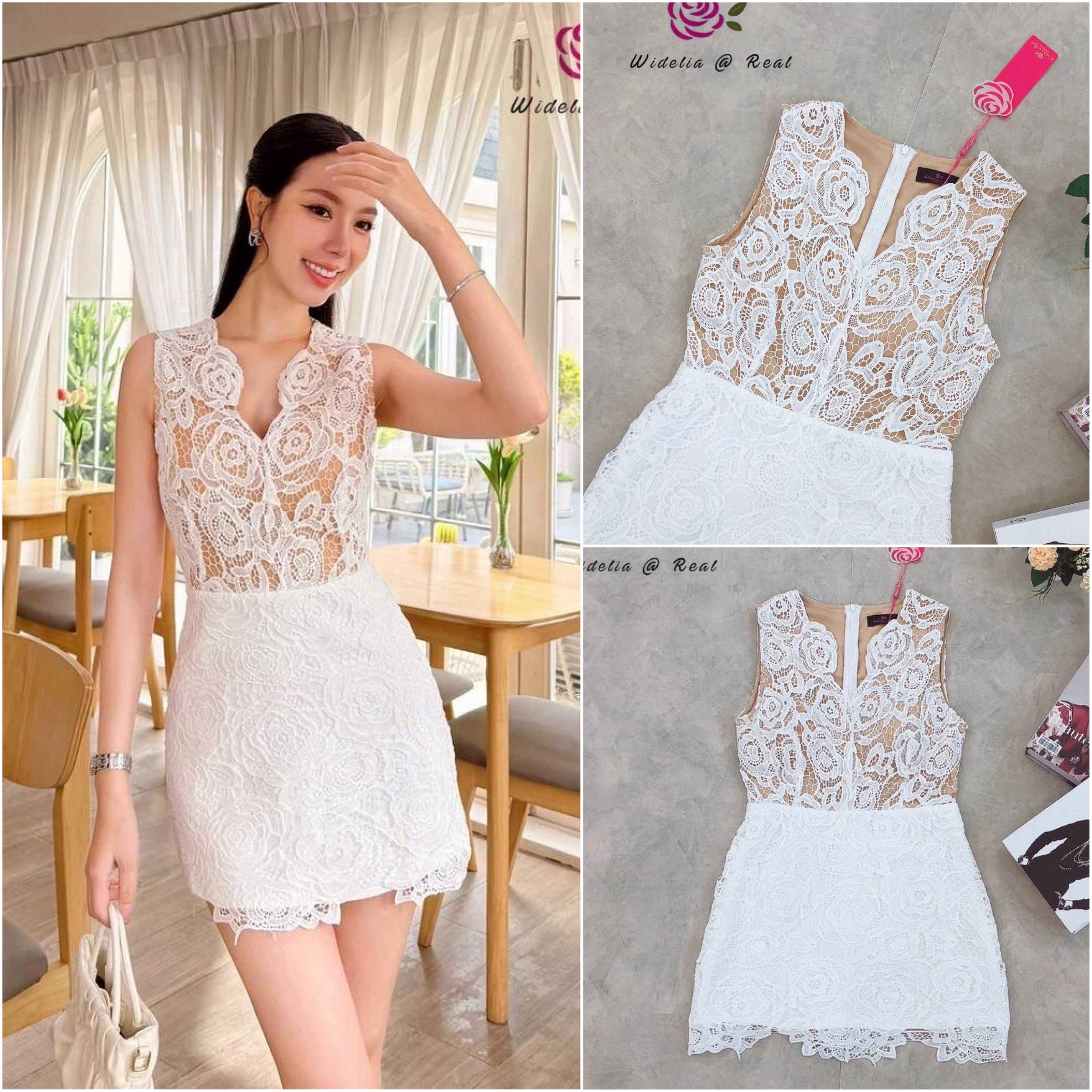 เดรสแขนกุด คอวี ทรงใส่เข้ารูป เนื้อผ้าลูกไม้อย่างดี ซับในน้ำตาล ซิปหลัง ใส่สบาย : สินค้าคุณภาพ (พร้อมส่ง)