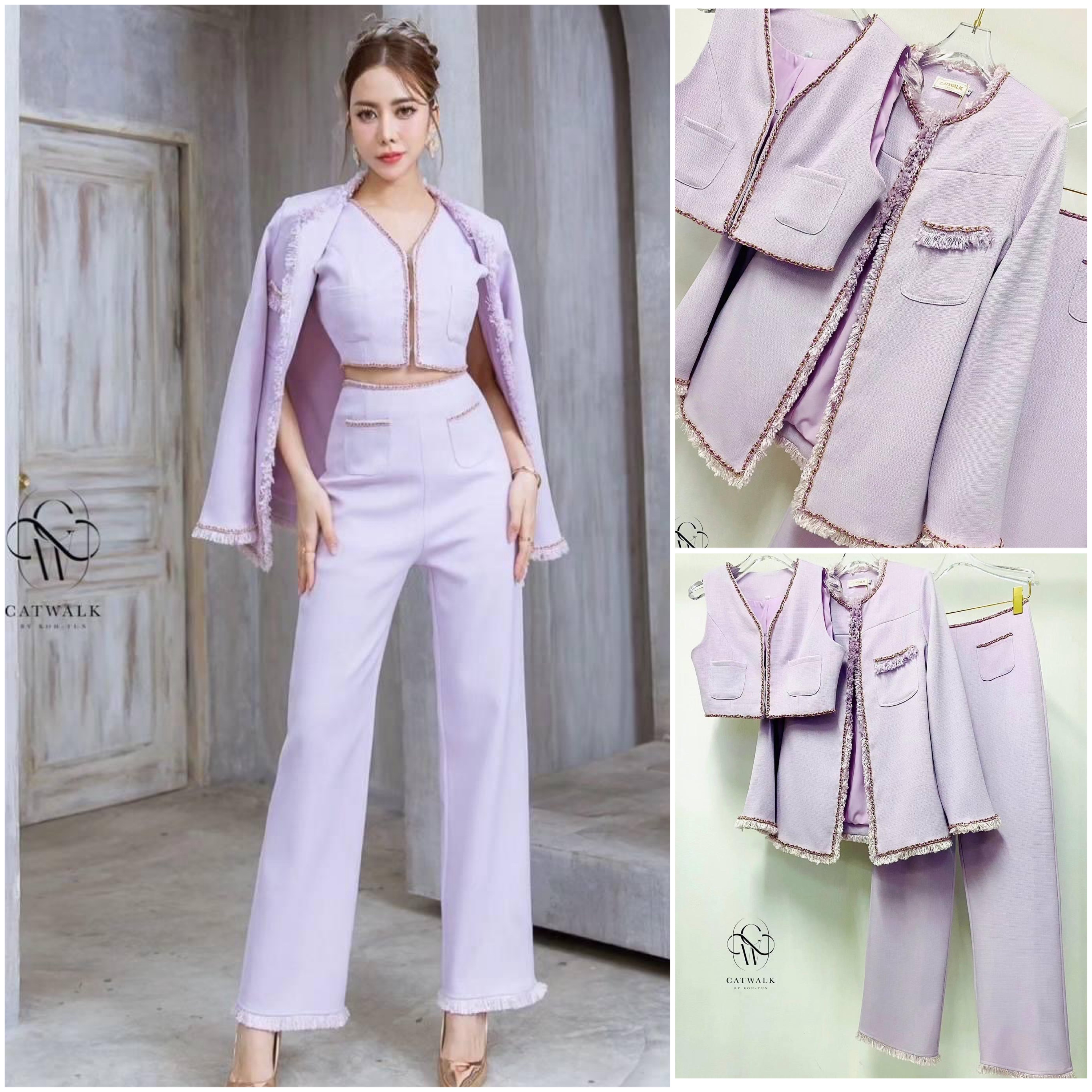 เซต 3 ชิ้น ผ้าทวิตเกรดA แต่งโซ่ทอง ตัวเสื้อกั๊กด้านในเป็นครอปคอวีแขนกุด แต่งขอบด้วยโซ่ทองร้อยริบบิ้นกำมะหยี่สี+เสื้อคลุมทรงกึ่งเข้ารูป+กางเกงเอวสูงทรงขากระบอก สินค้าคุณภาพ (พร้อมส่ง)