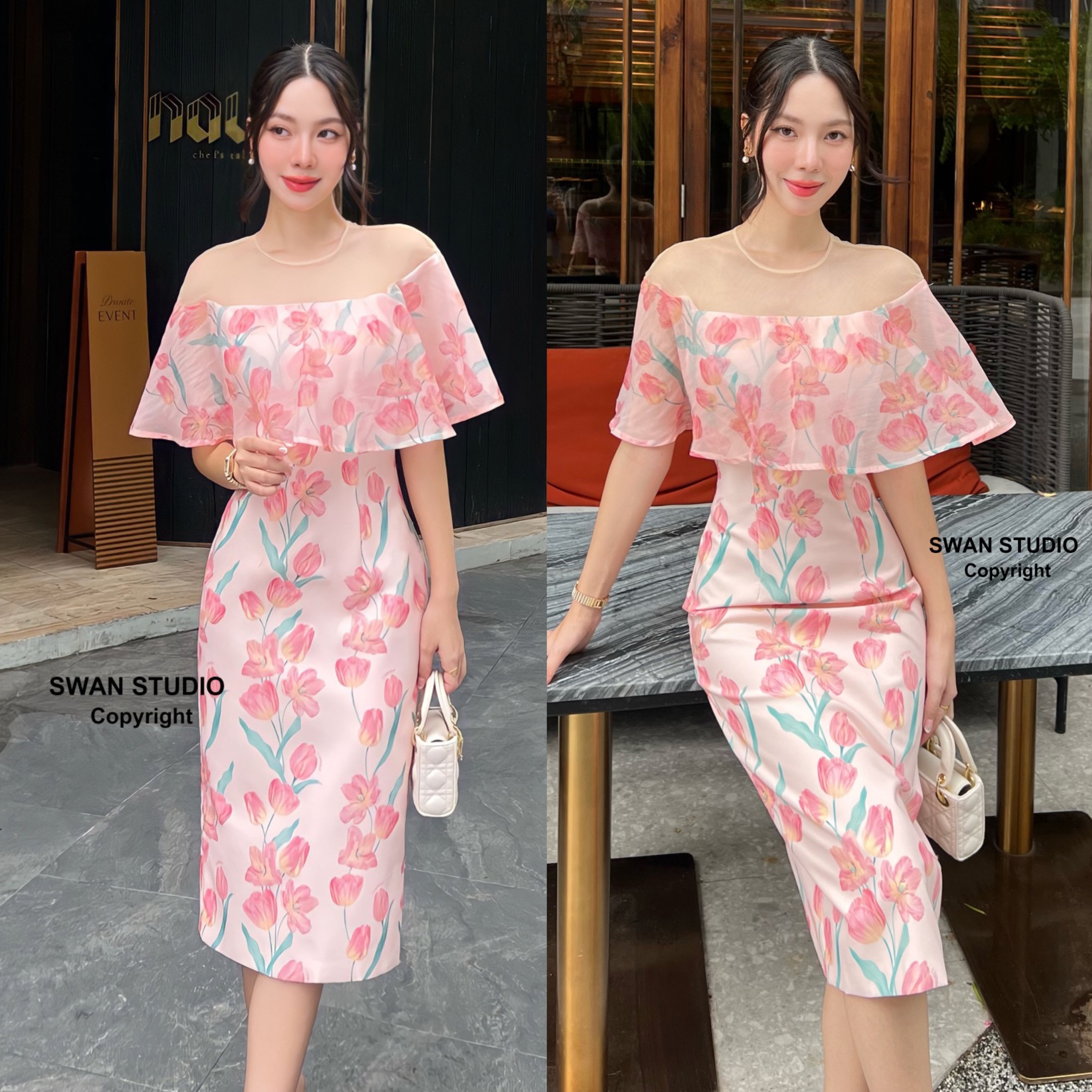 เดรสลายดอกทิวลิปโทนสีชมพู ลายนี้เป็นลายลิขสิทธิ์ของทางร้าน เดรส ลาดไหล่แต่งผ้าซีทรูด้านบน สินค้าคุณภาพ (พร้อมส่ง)