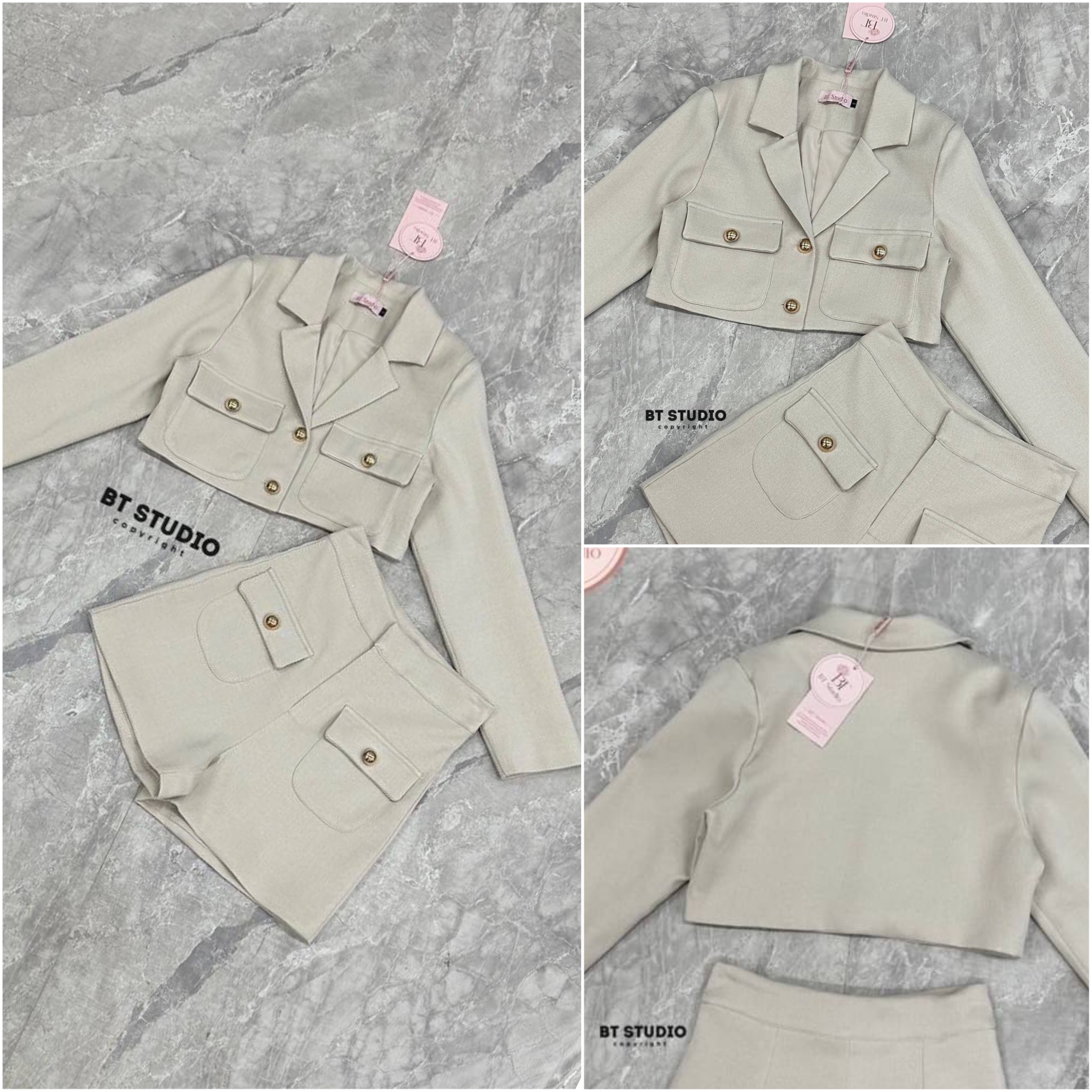 เซท 2 ชิ้น เสื้อครอปแขนยาวคอปกแต่งกระดุมหน้า แมทซ์กับกางเกงขาสั้น สินค้าคุณภาพ (พร้อมส่ง)