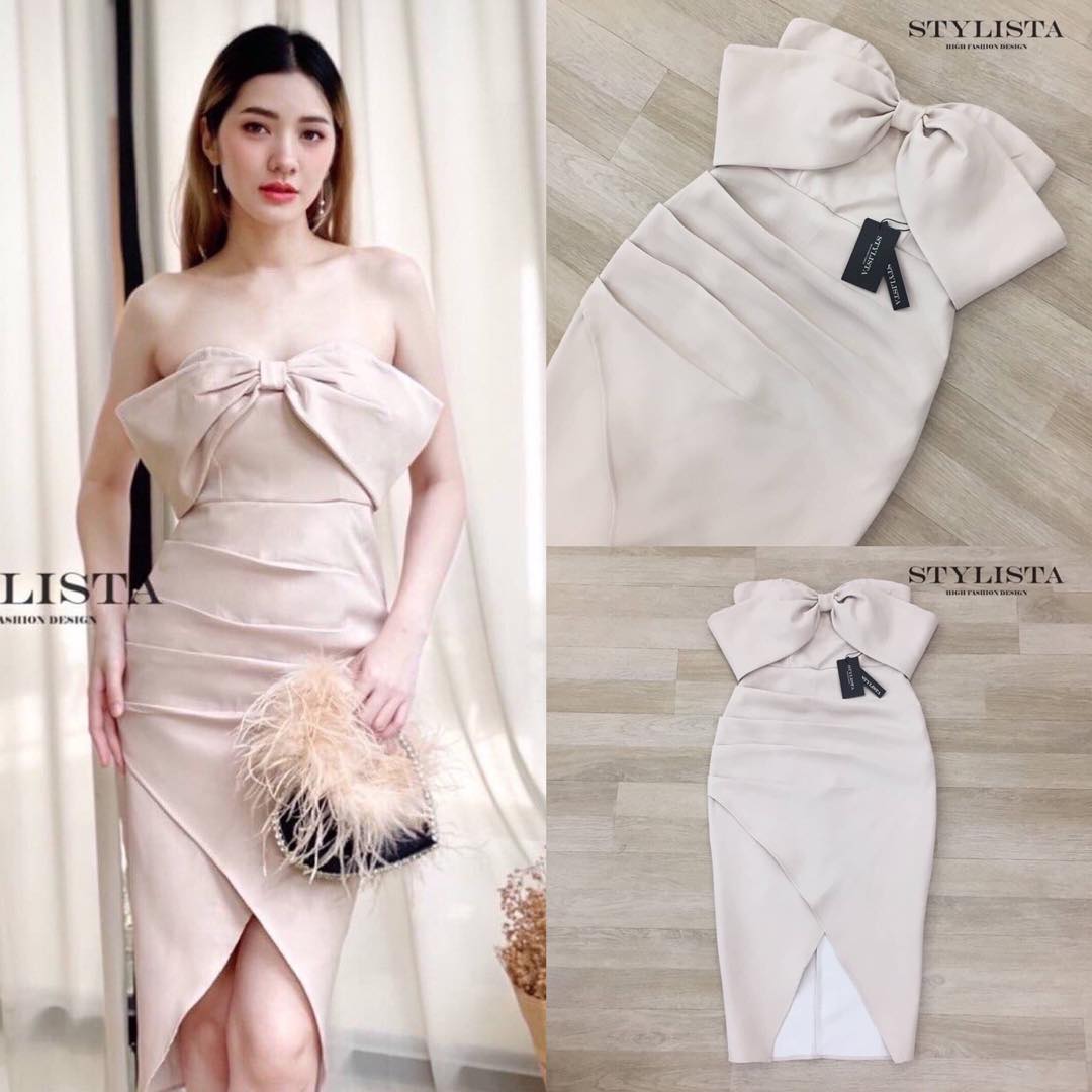 เดรสทรงพอดีตัว แต่งโบว์ใหญ่ คลุมไหล่ ใส่สวยมาก ดูดีเหมือนเซเลปเลยค่ะ สวยเปะเวอร์ สินค้าคุณภาพ (พร้อมส่ง)