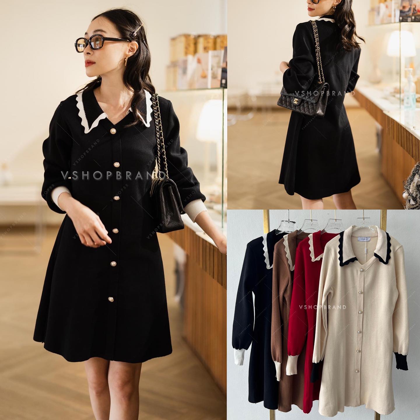 เดรสไหมพรมคอปกหยักขลิบขอบ แขนพอง สินค้าคุณภาพ (พร้อมส่ง)