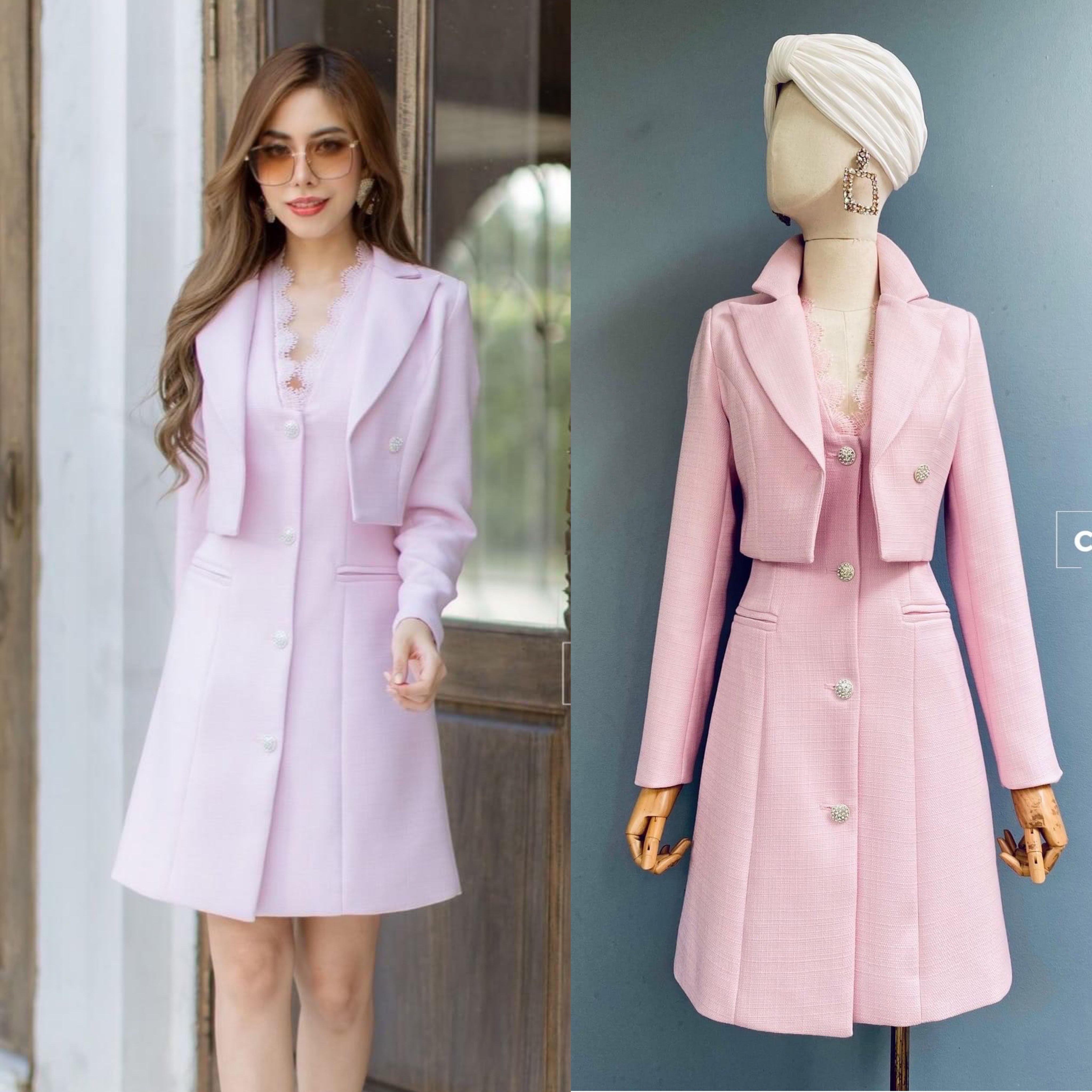 เซตเสื้อแจ็คเก็ต+เดรสคอวีแต่งลูกไม้ เนื้อผ้าทอเกรดเอ สินค้าคุณภาพ (พร้อมส่ง)