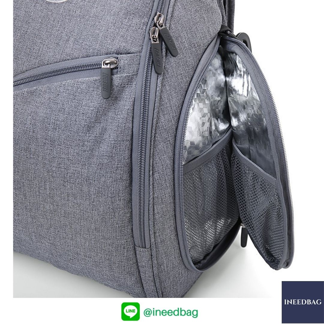 Ecosusi กระเป๋าคุณแม่, กระเป๋าสัมภาระคุณแม่, กระเป๋าแม่ลูกอ่อน แบบเป้ มาพร้อมแผ่นรองเปลี่ยนผ้าอ้อม, ช่องเก็บความร้อน-เย็น (New Version Grey) + Wet Pocket + Wipe Pocket