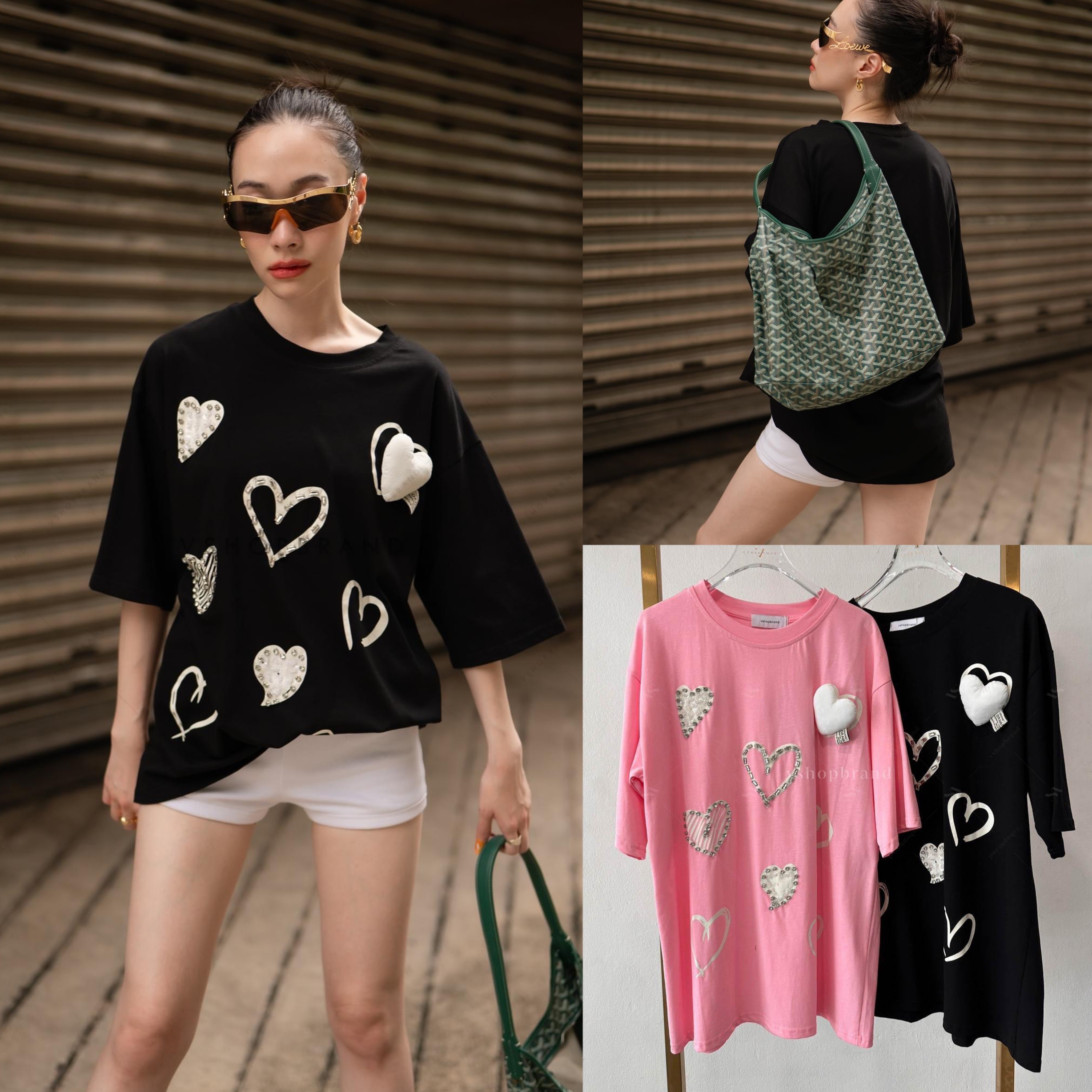 เสื้อยืดหัวใจหลายดวง ติดเพชร : สินค้าคุณภาพ (พร้อมส่ง)