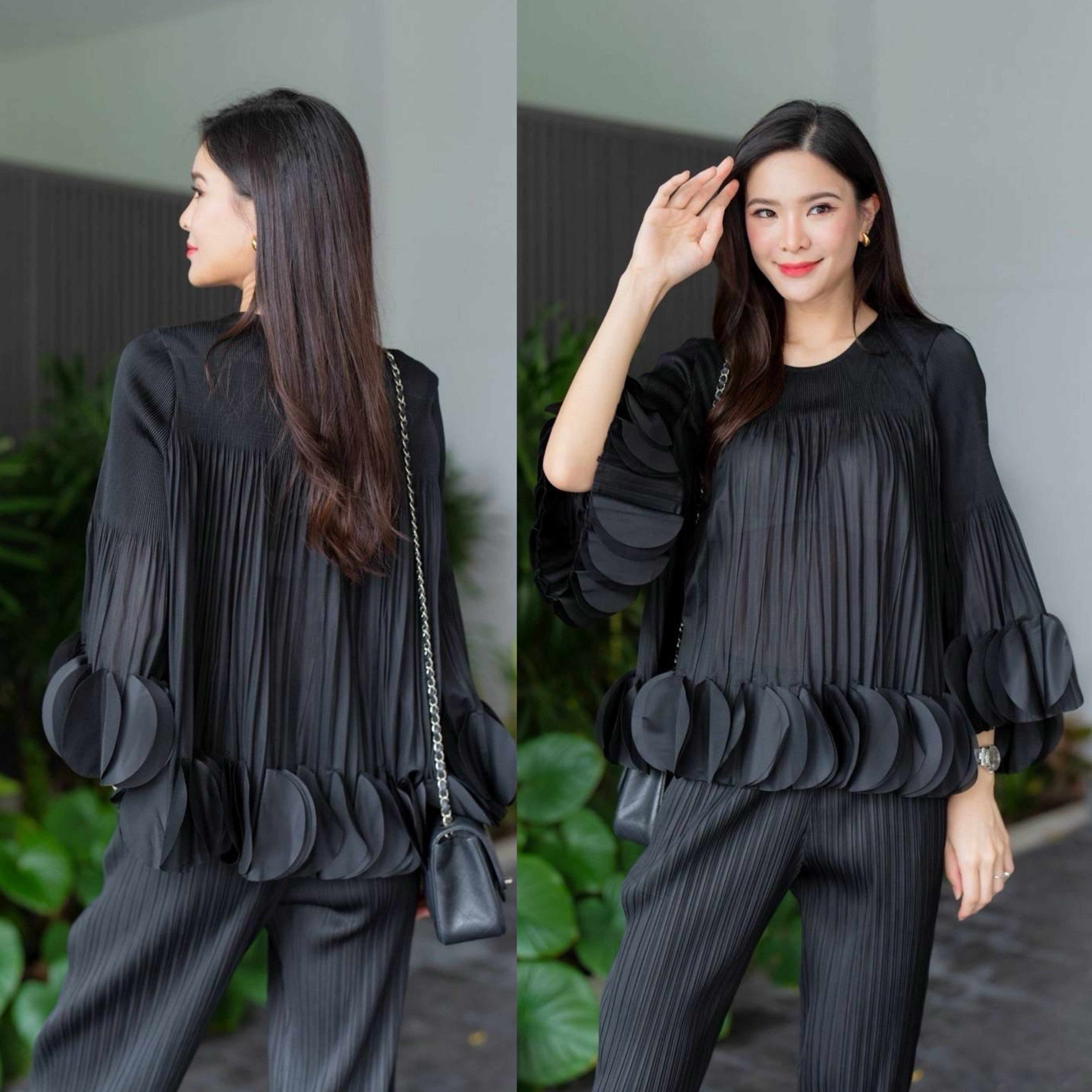 เสื้อคอกลม แขนยาว แบบมีการแต่งระบาย ด้วยการตัด เลเซอร์คัตวงกลมมาซ้อนเรียง ด้วยความประณีต ทำให้ขึ้นพุ่มทรงอย่าง สวยงาม ใส่สบาย : สินค้าคุณภาพ (พร้อมส่ง)