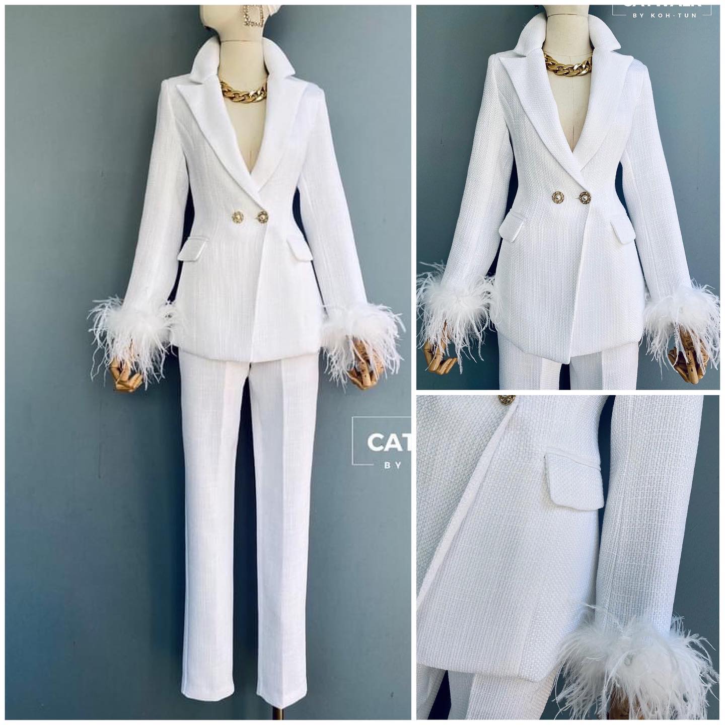 เซตBLAZER ผ้าทวีตแต่งขนนกแขน ตัวBLAZER เป็นทรงเข้ารูป แต่งกระดุมมุกด้านหน้า 2 จุด มีกระเป๋า 2 ข้าง โดดเด่นด้วยการนำ ขนนกมาแต่งที่ปลายขอบแขน มาคู่กับกางเกงเอวสูงทรงขากระบอก เล็ก : สินค้าคุณภาพ (พร้อมส่ง)