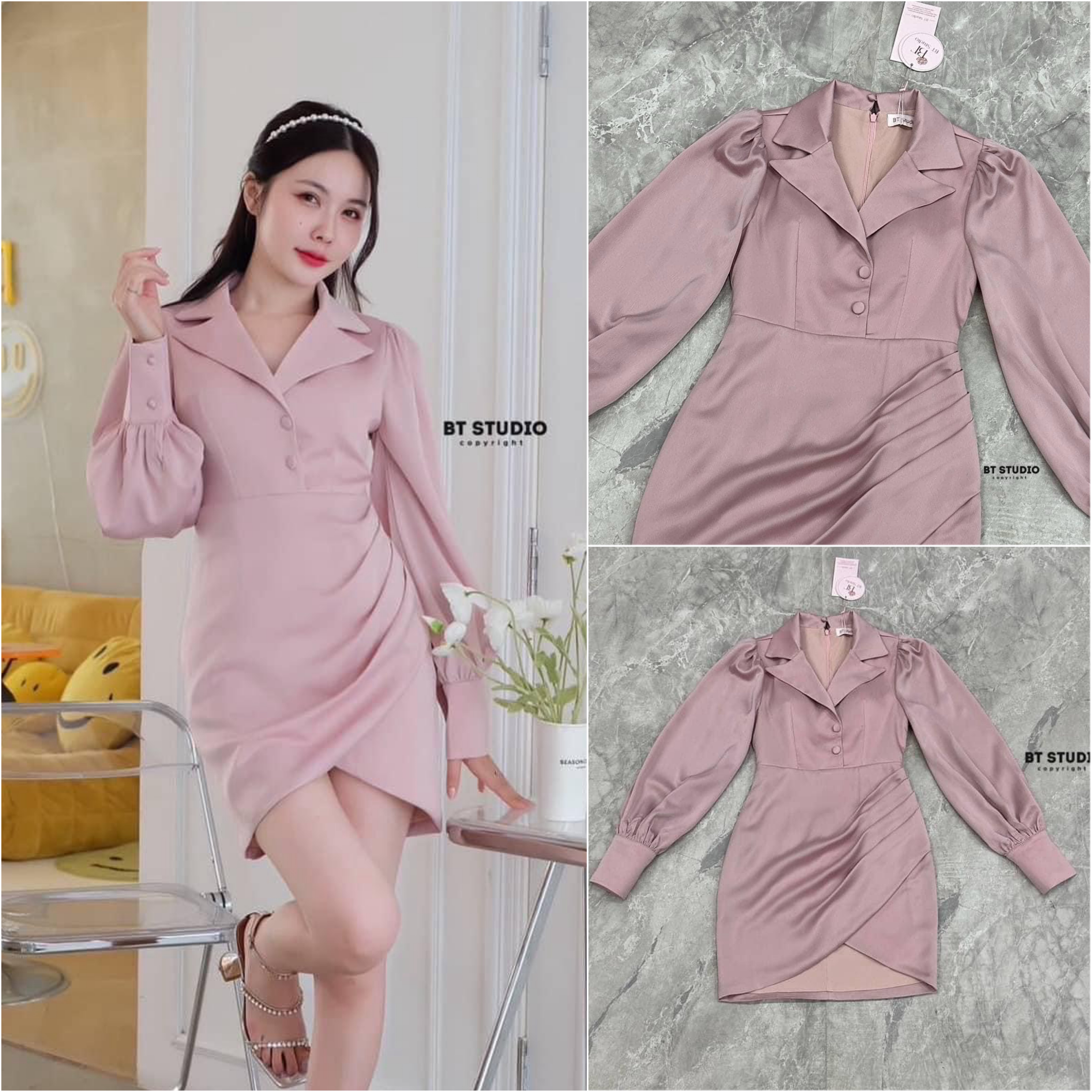 เดรสเชิ้ตสั้น แต่งคอปก แขนยาว ช่วง ไหล่แต่งพอง ๆ เล็กน้อยปลายแขนแต่งขอบติด กระดุม กระโปรงแต่งจับจีบเฉียงปลายชายแต่ง เว้ากลางแหวกไขว้เล็กน้อย ใส่สบาย : สินค้าคุณภาพ (พร้อมส่ง)