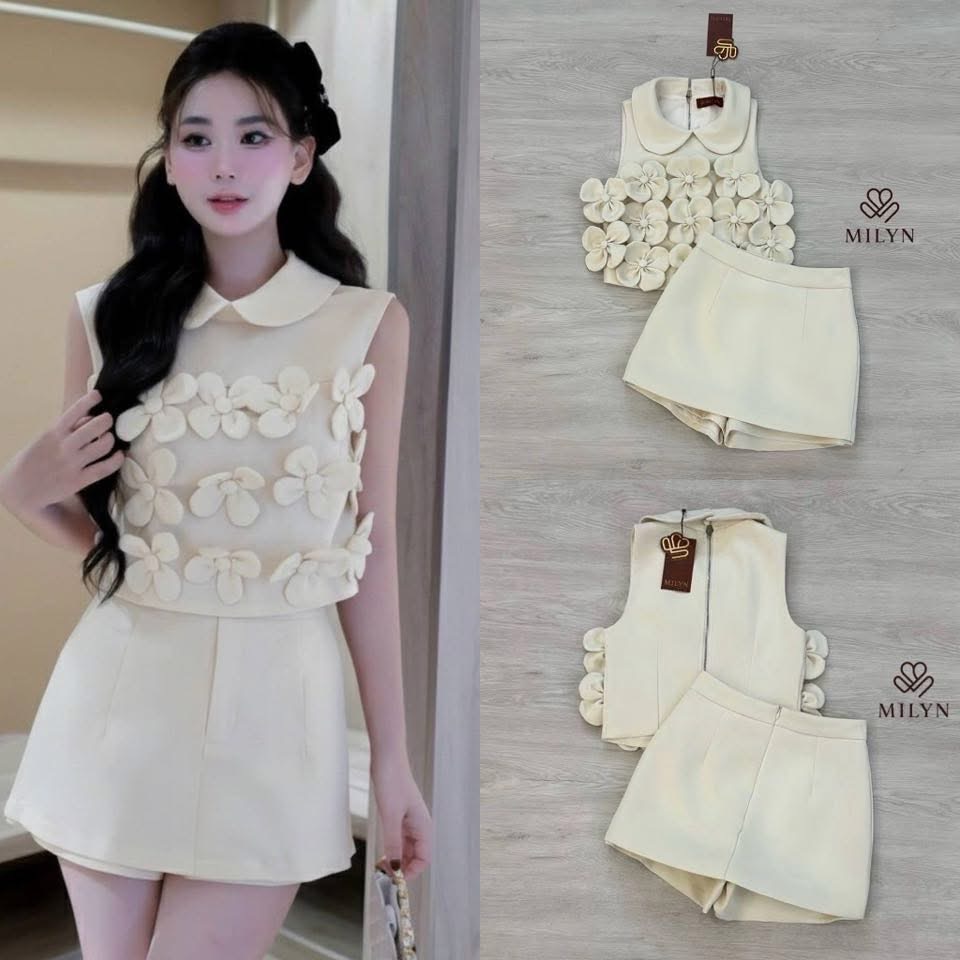 เซ็ตแขนกุดคอปีเตอร์แพน ดีไซน์โดดเด่นด้วยงานดอกไม้ 3D ตกแต่งแน่นเต็มตัว +กระโปรงกางเกง ซิปหลัง ใส่สบาย : สินค้าคุณภาพ (พร้อมส่ง)