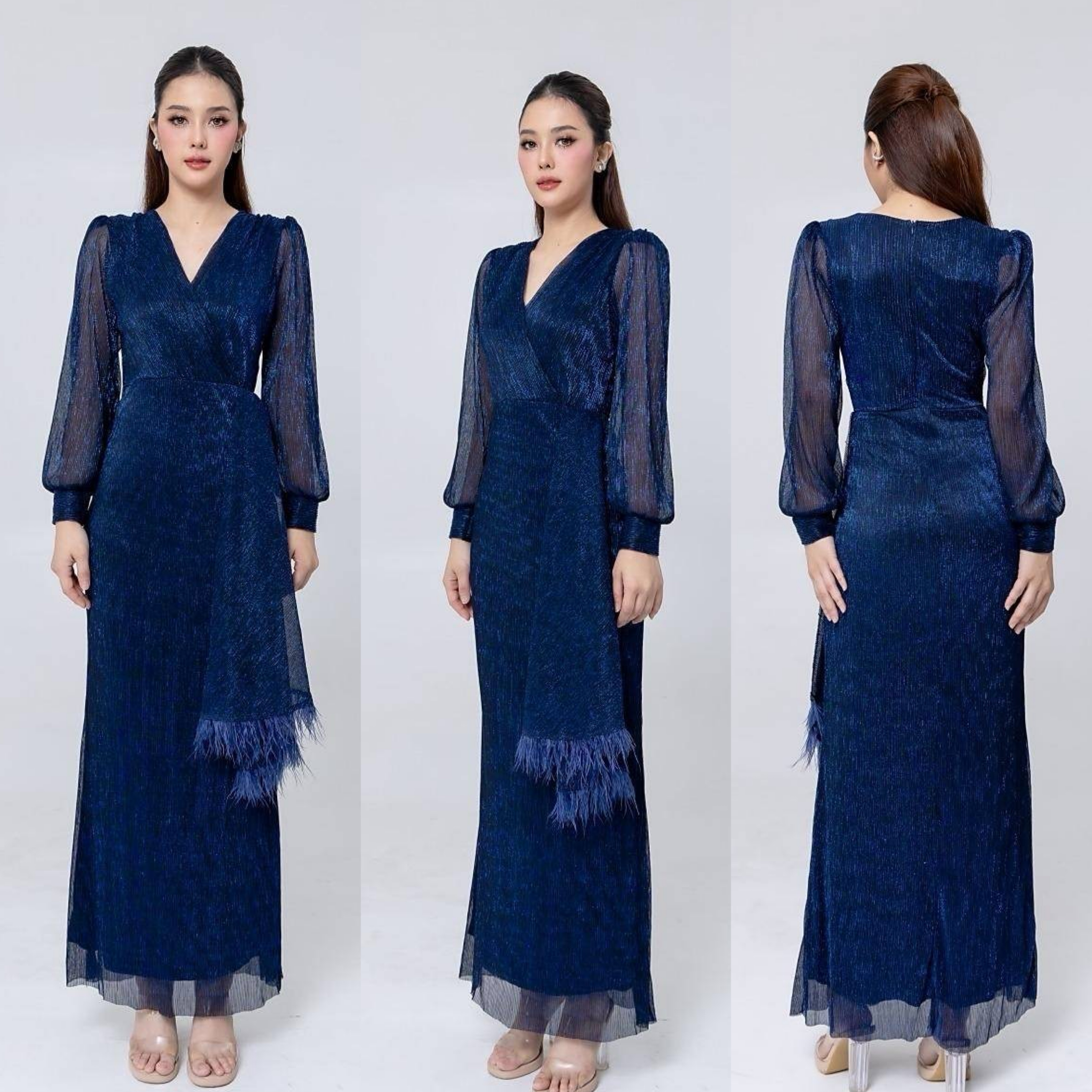 เดรสเสื้อคอวีป้ายแขนยาว กระโปรงยาวจับ เดรปข้างลำตัว ดีเทลแต่งชายระบายขนนก : สินค้าคุณภาพ (พร้อมส่ง)