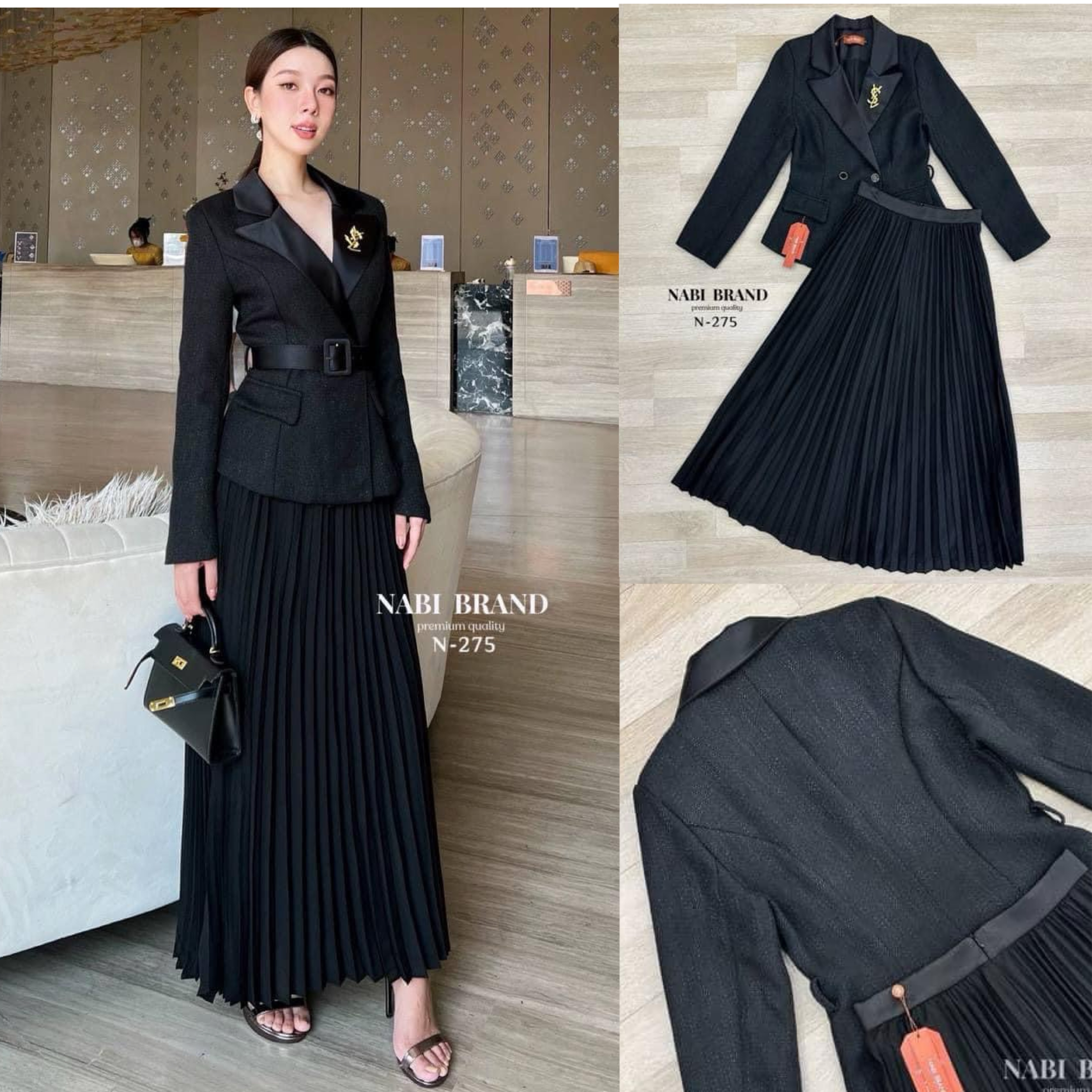 ชุดเซท 4 ชิ้น เสื้อทวิสแขนยาว+ กระโปรงอัดพลีท+เข็มขัด+เข็มกลัดสีทอง ใส่สบาย สินค้าคุณภาพ (พร้อมส่ง)