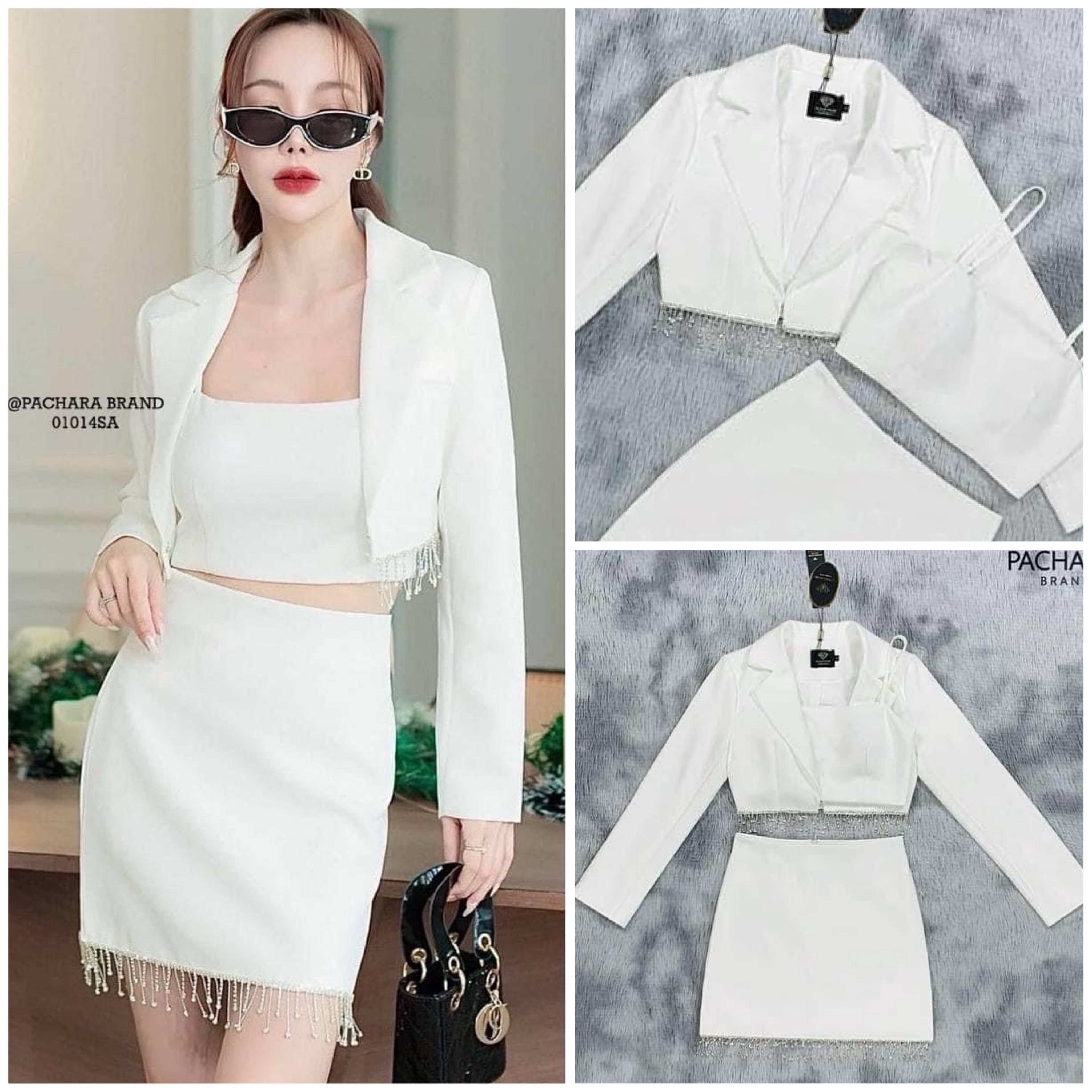 เซ็ต 3 ชิ้น เสื้อสูทแขนยาวสีขาว มาพร้อมเสื้อครอปสายเดี่ยว มีฟองน้ำดันทรงสวย แมทช์คู่กับกระโปรงเอวสูงทรงเข้ารูป ชายเสื้อและกระโปรงแต่งห้อยเพชรสวยมาก สินค้าคุณภาพ (พร้อมส่ง) .