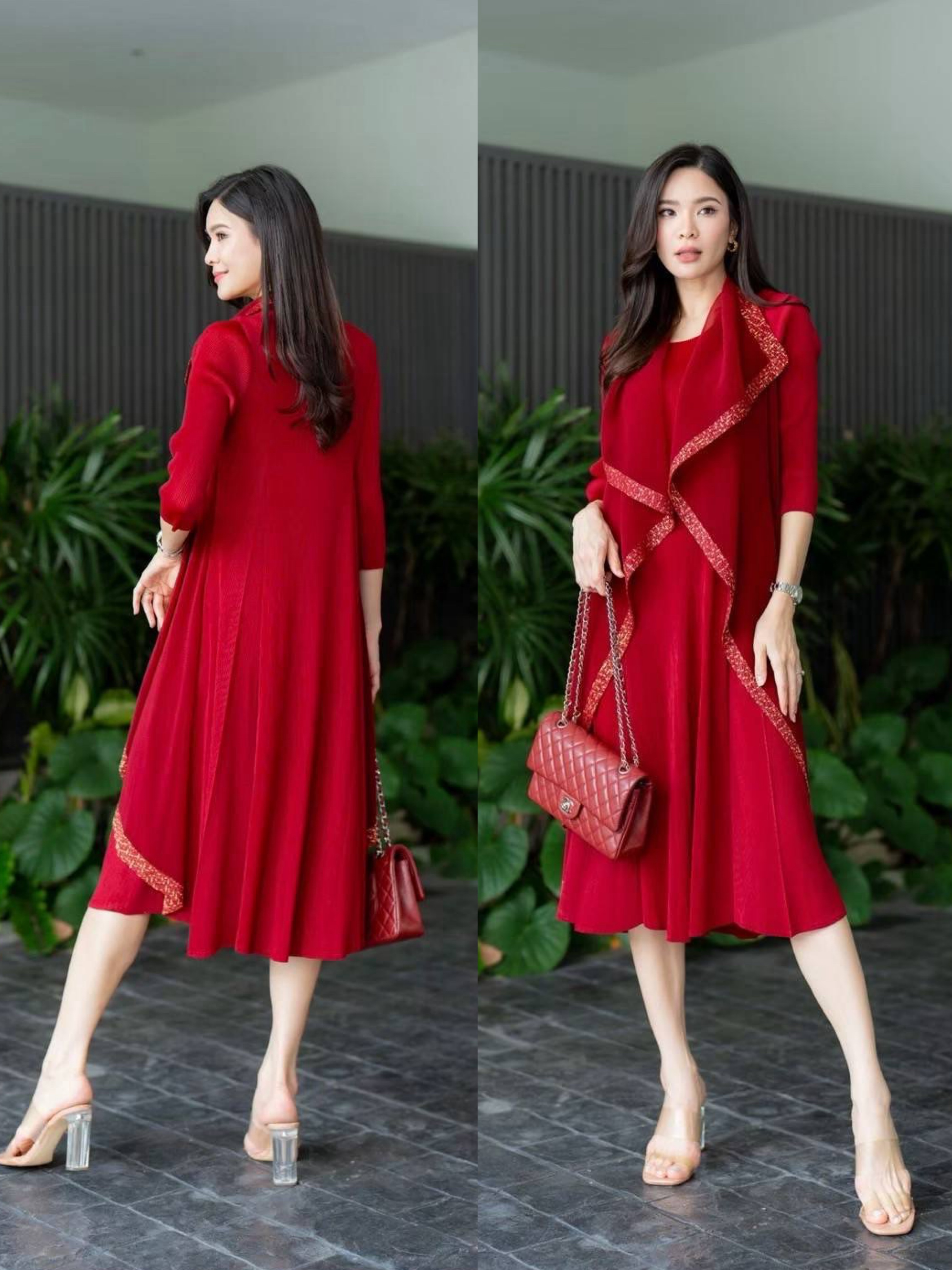 เดรสอัดพลีท ทรงแขนยาว เย็บแต่งเสื้อคลุม ผ้าบางซีทรูปกใหญ่ ซ้อนไปในตัว ประหนึ่ง2 in1 💫💫 ทั้งเดรส และเสื้อคลุมในตัว ใส่สบาย : สินค้าคุณภาพ (พร้อมส่ง)