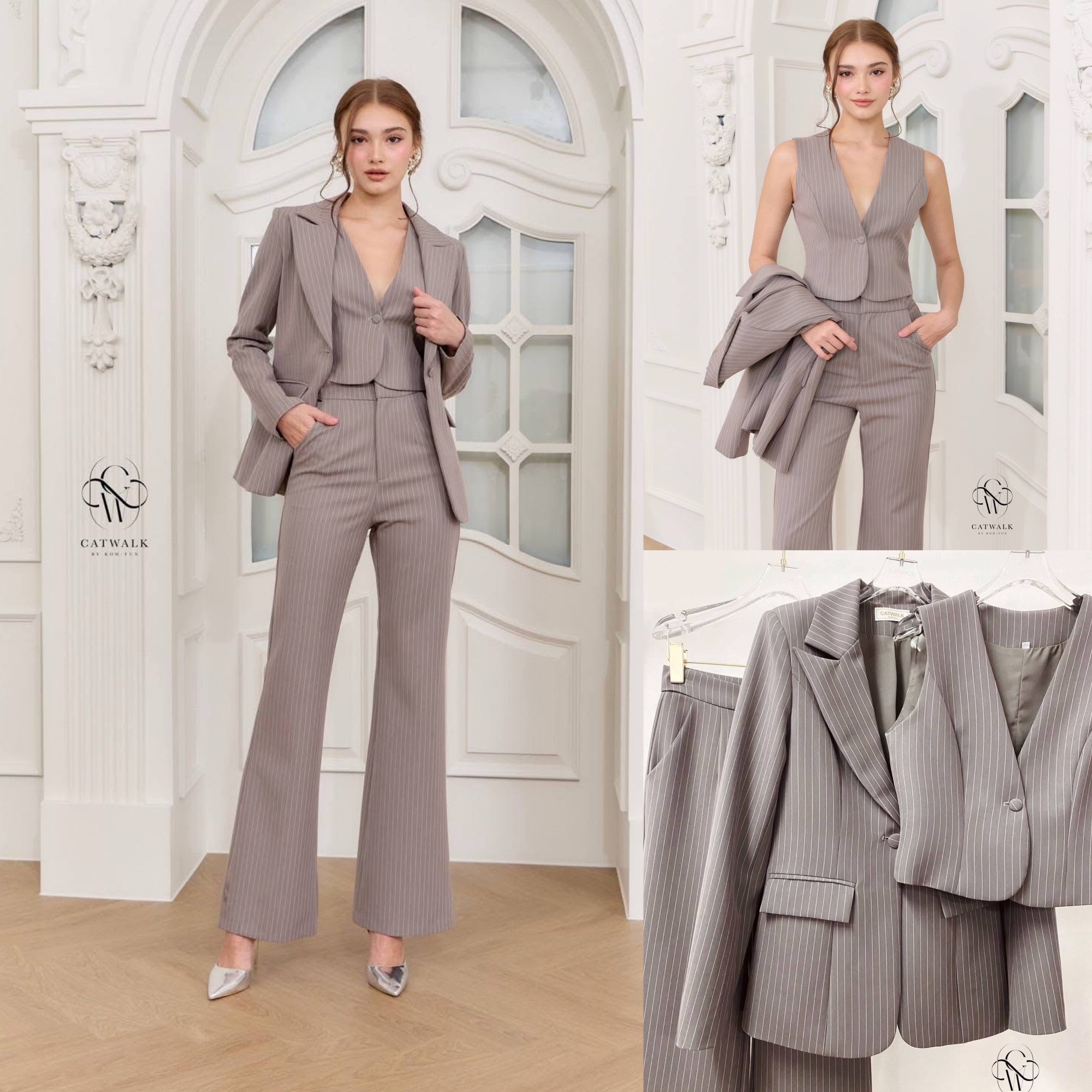 เซตBLAZER 3ชิ้น เสื้อกั๊ก+เสื้อสูท+กางเกงขาบาน เนื้อผ้าทอลายในตัว งานผ้าเกรดเอ เนื้อผ้าหนานุ่มใส่สบาย BLAZER เป็นทรงเข้ารูป ใส่สบาย : สินค้าคุณภาพ (พร้อมส่ง)
