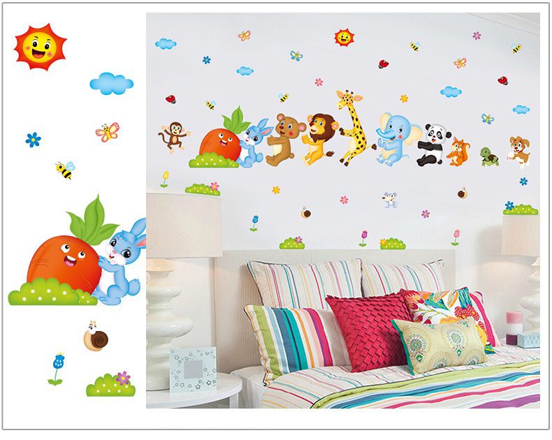 สติ๊กเกอร์แต่งห้อง DIY ลายสัตว์น้อยช่วยกันดึงหัวแครอท ลอกออกแล้วติดซ้ำได้