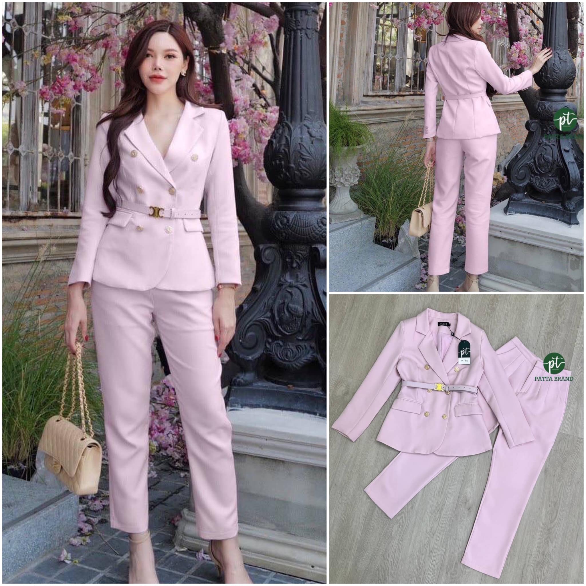 set สูท2ชิ้น เสื้อสูทคอปกแขนยาว แต่งกระดุมหน้าสีทองปั้มลาย 6 เม็ด มาพร้อมกับกางเกงขายาวสีเดียวกัน เพิ่ม เข็มขัดหัวสีทองใส่แมทเข้ากันมาก สินค้าคุณภาพ (พร้อมส่ง)