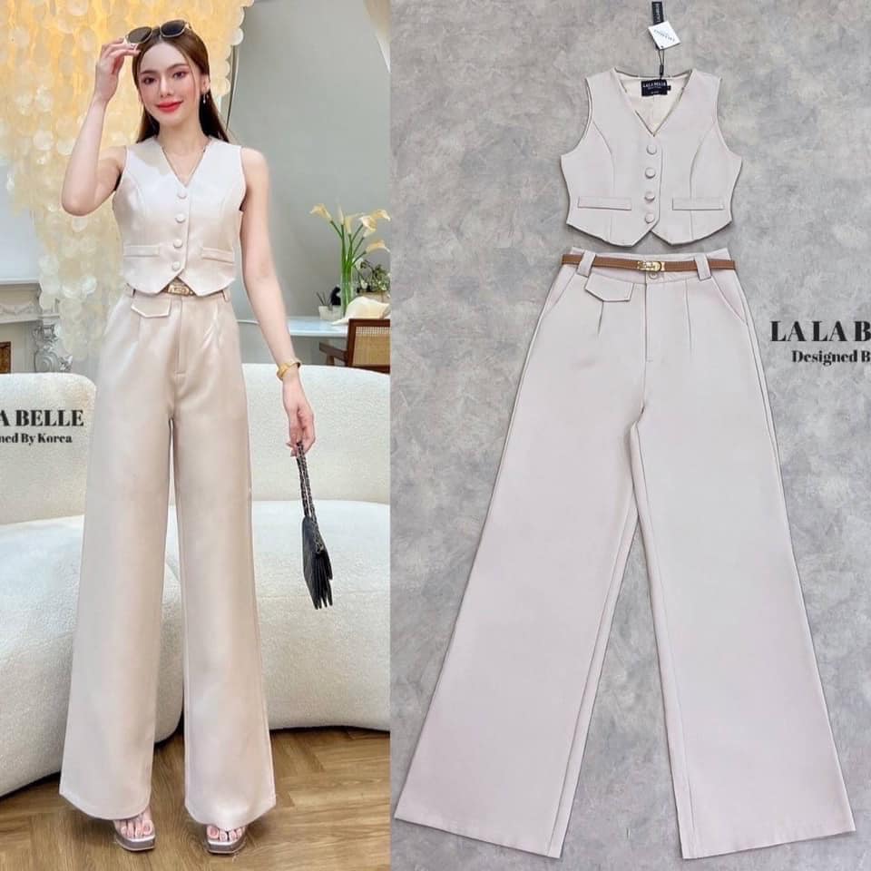 เซต3ชิ้น เสื้อกักกระดุมหน้าคอวีแขนกุด พร้อมกางเกงขายาวทรงสวย และใส่คู่เข็มขัดหนังเข้าชุด ใส่สบาย สินค้าคุณภาพ (พร้อมส่ง)