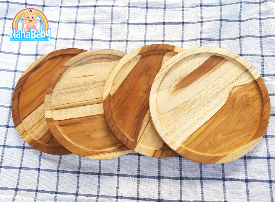 จานไม้กลม จานถาดไม้ จากไม้สักแท้ Food Grade Wood Plate by NanaBaby